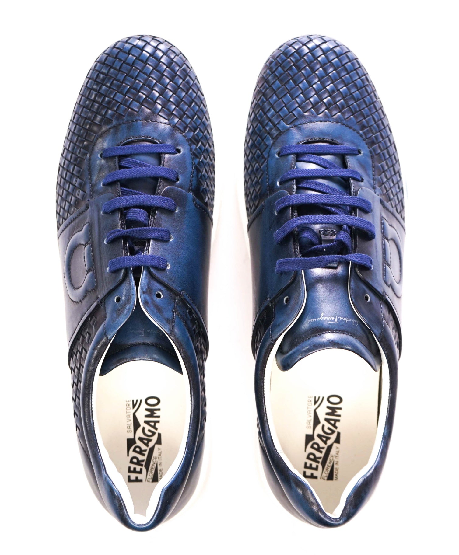 $850 FERRAGAMO Navy Blue Woven Gancini Leather Sneakers 12M