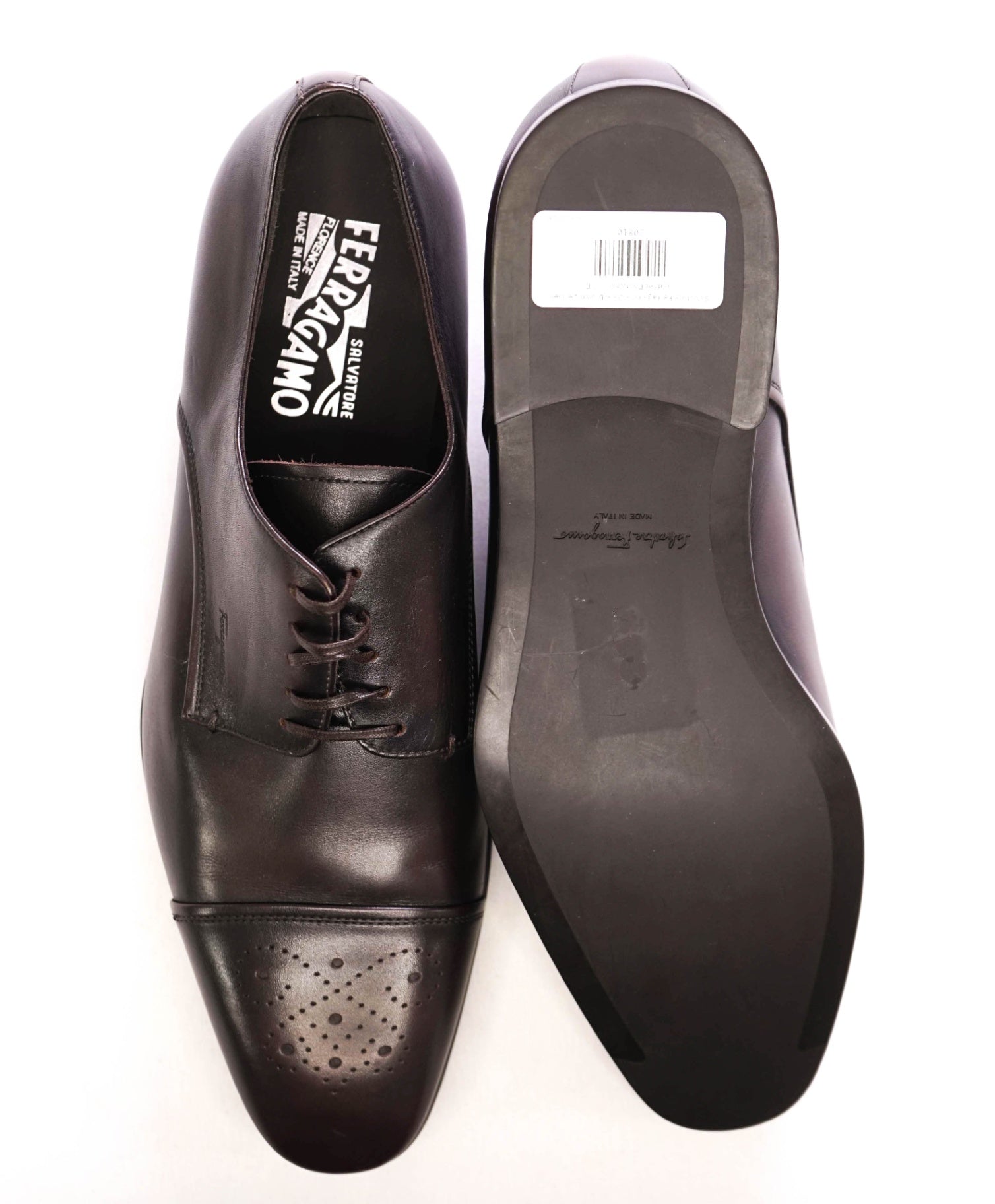 $850 FERRAGAMO - Dark Brown Brogue Leather Derbies - 11 E