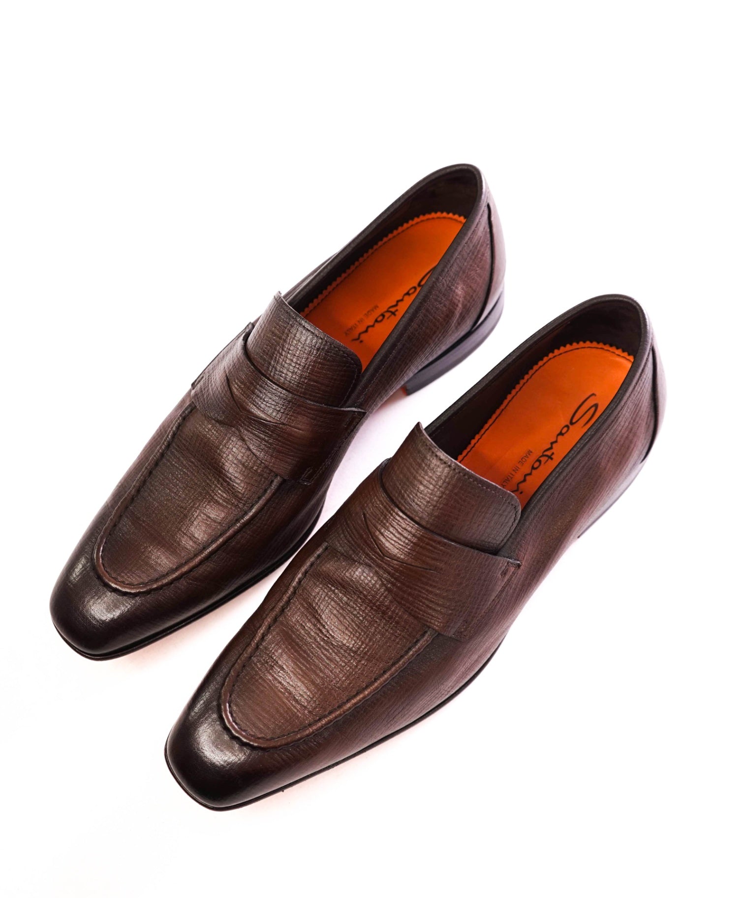 $995 SANTONI - Brown Textured Leather Penny Loafers - US 11.5 D (10.5UK)