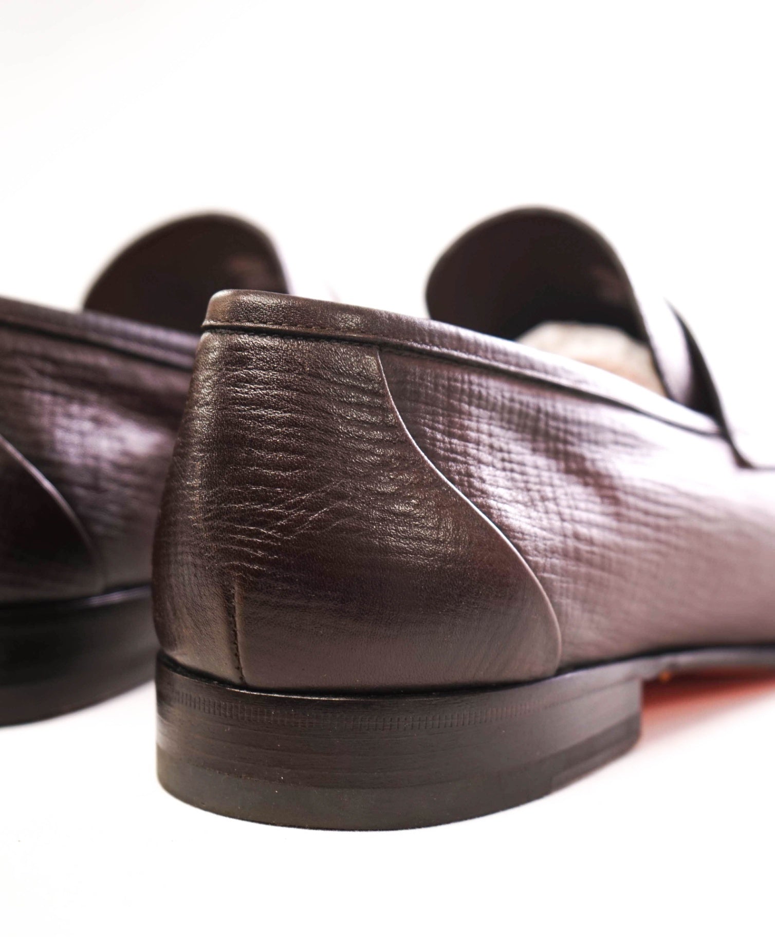 $995 SANTONI - Brown Textured Leather Penny Loafers - US 11.5 D (10.5UK)