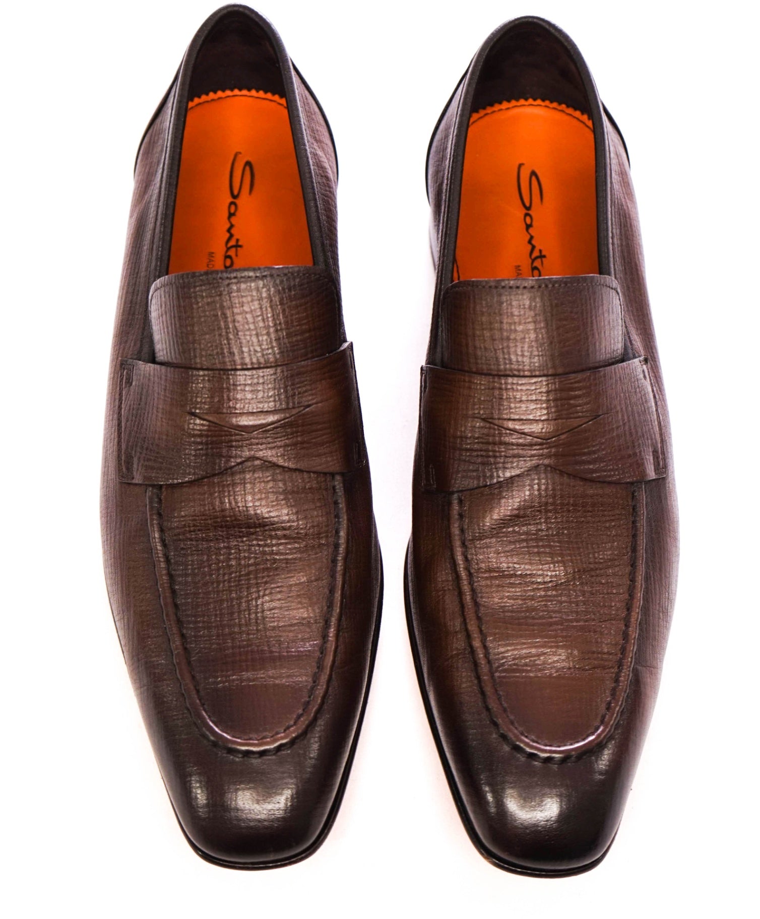 $995 SANTONI - Brown Textured Leather Penny Loafers - US 11.5 D (10.5UK)