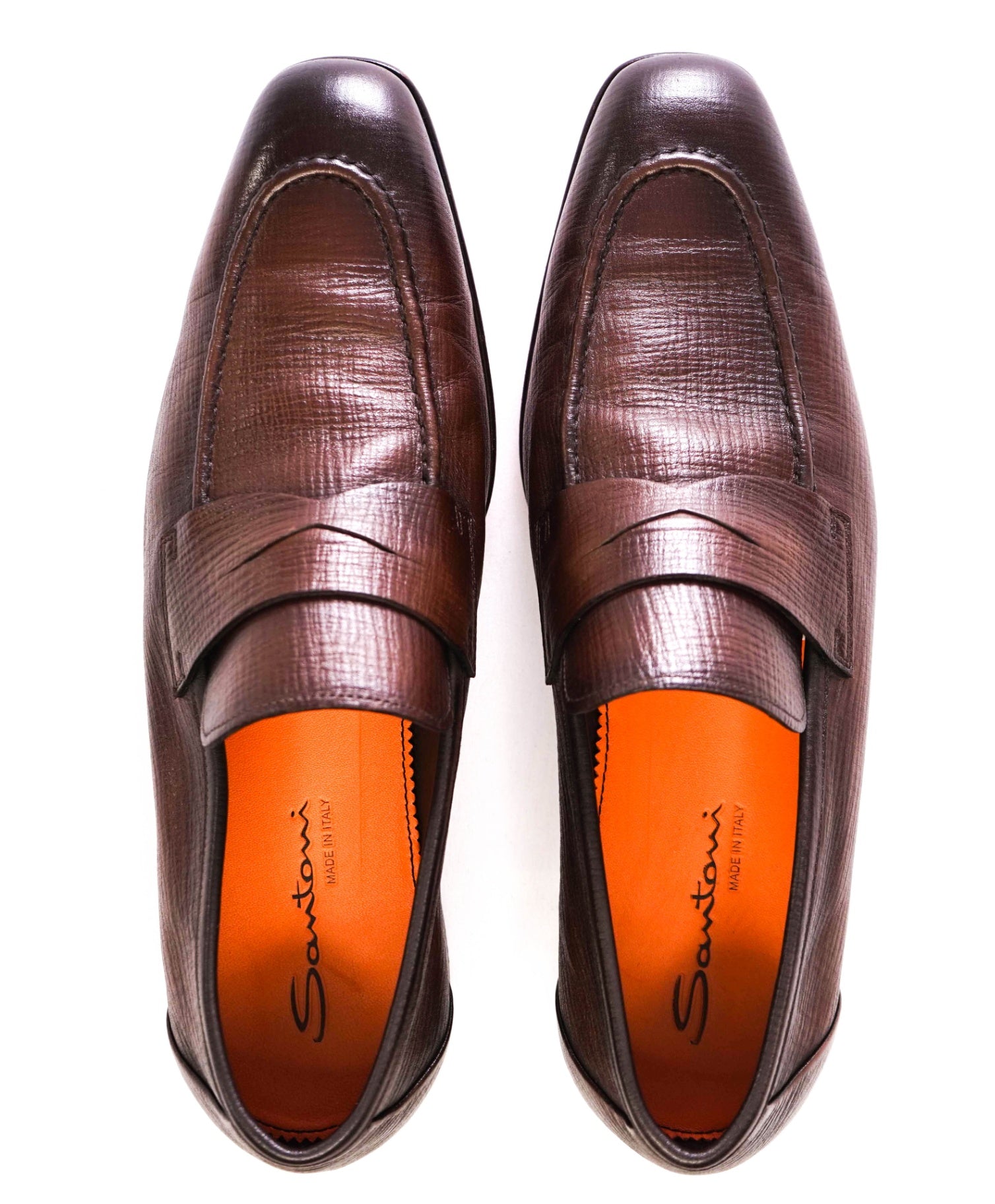 $995 SANTONI - Brown Textured Leather Penny Loafers - US 11.5 D (10.5UK)