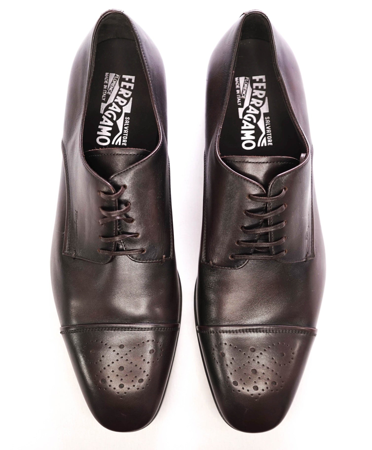 $850 FERRAGAMO - Dark Brown Brogue Leather Derbies - 11 E