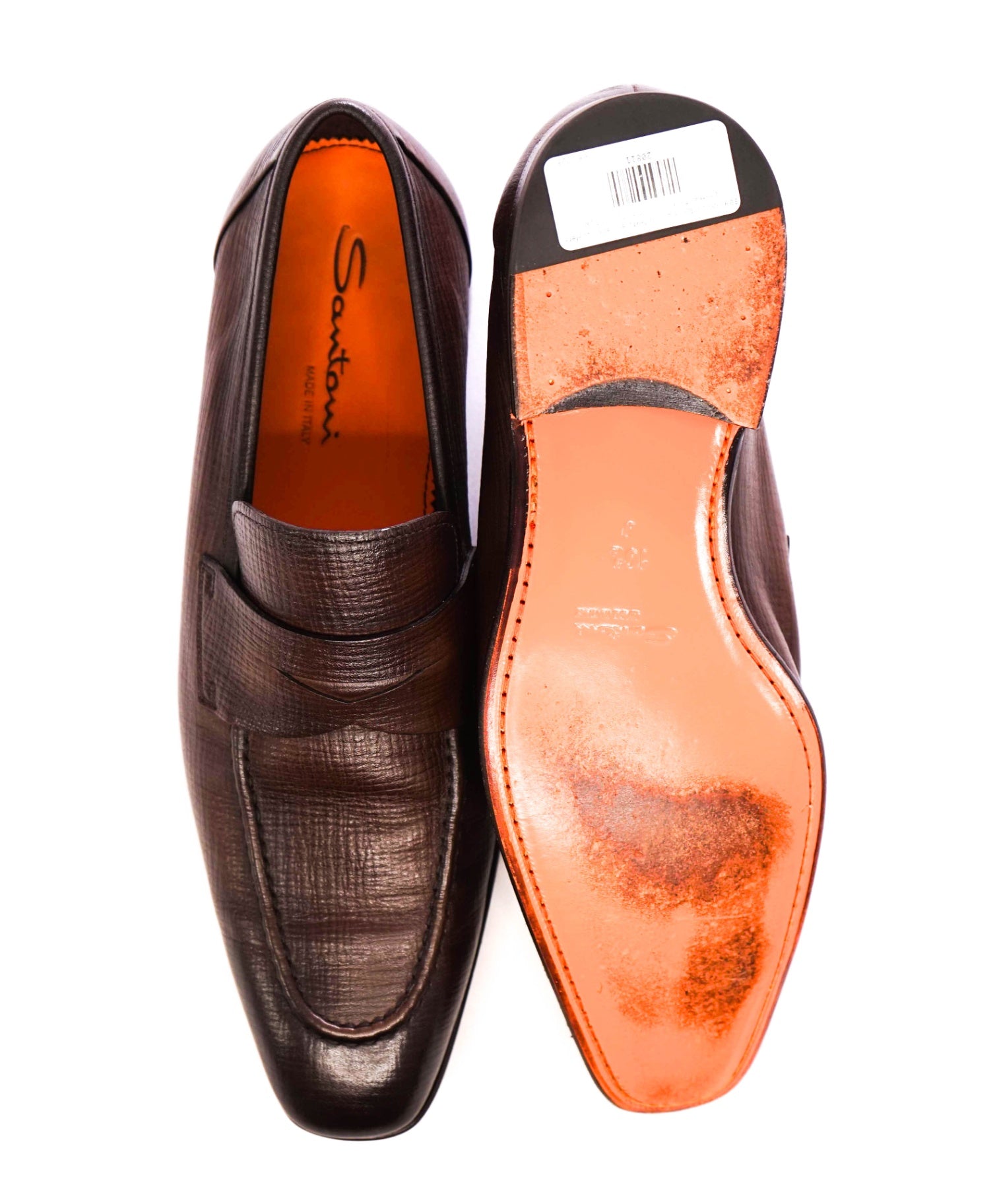$995 SANTONI - Brown Textured Leather Penny Loafers - US 11.5 D (10.5UK)