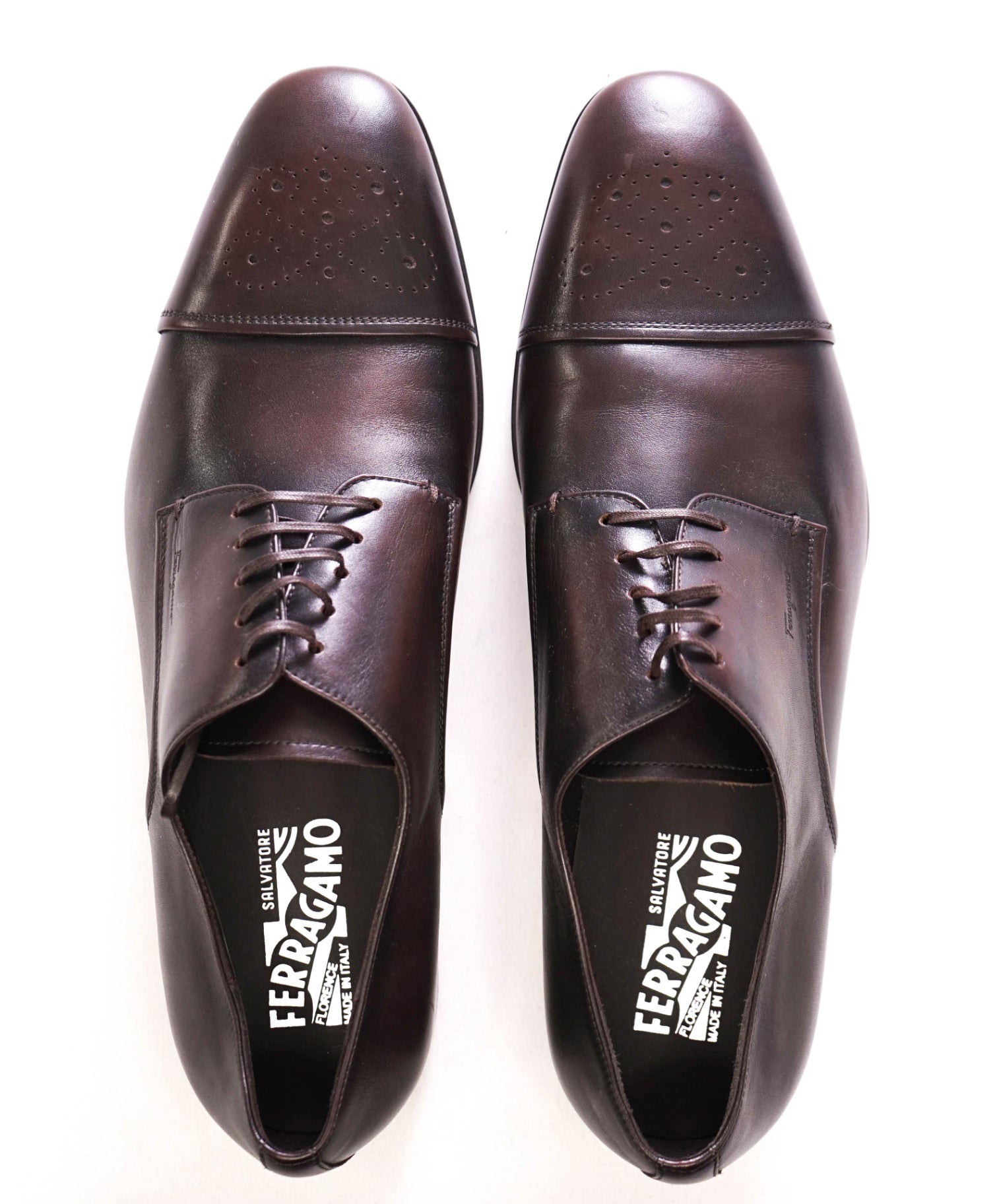 $850 FERRAGAMO - Dark Brown Brogue Leather Derbies - 11 E