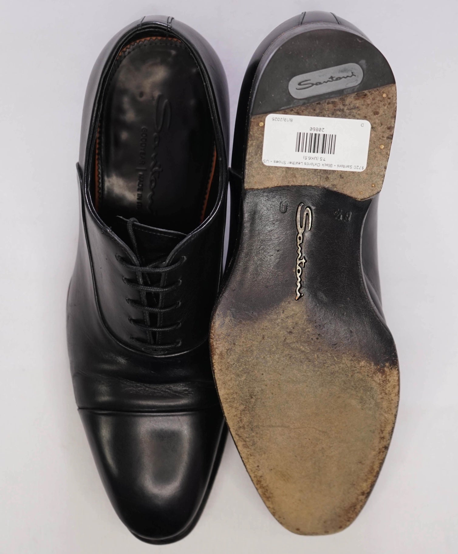 1,320 SANTONI - "GOODYEAR" Black Leather Oxfords - US 7.5 (UK6.5)