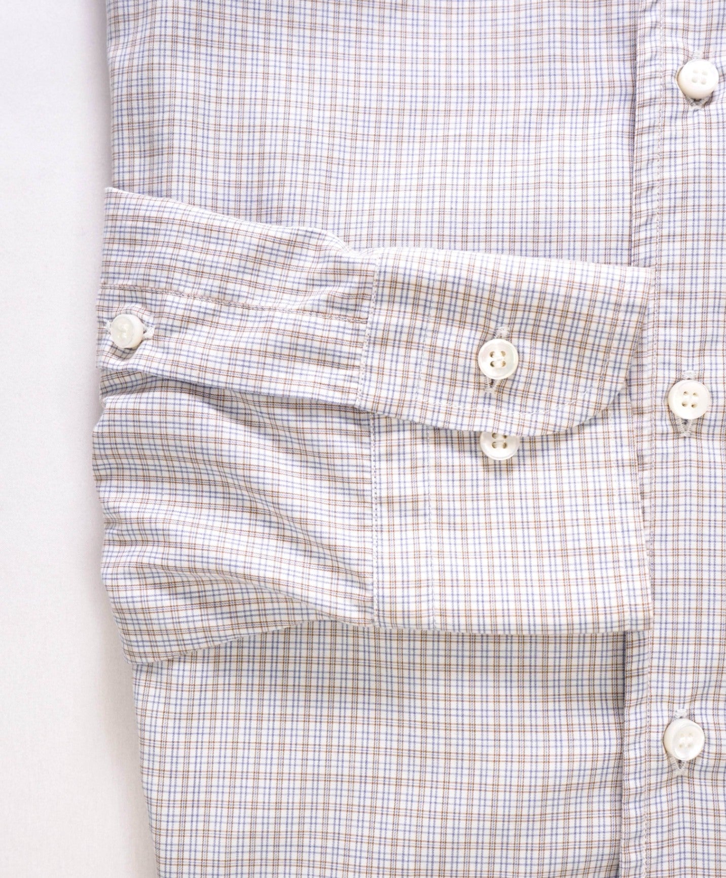 $750 Loro Piana - Brown/Blue/White Micro Plaid Cotton Shirt - M