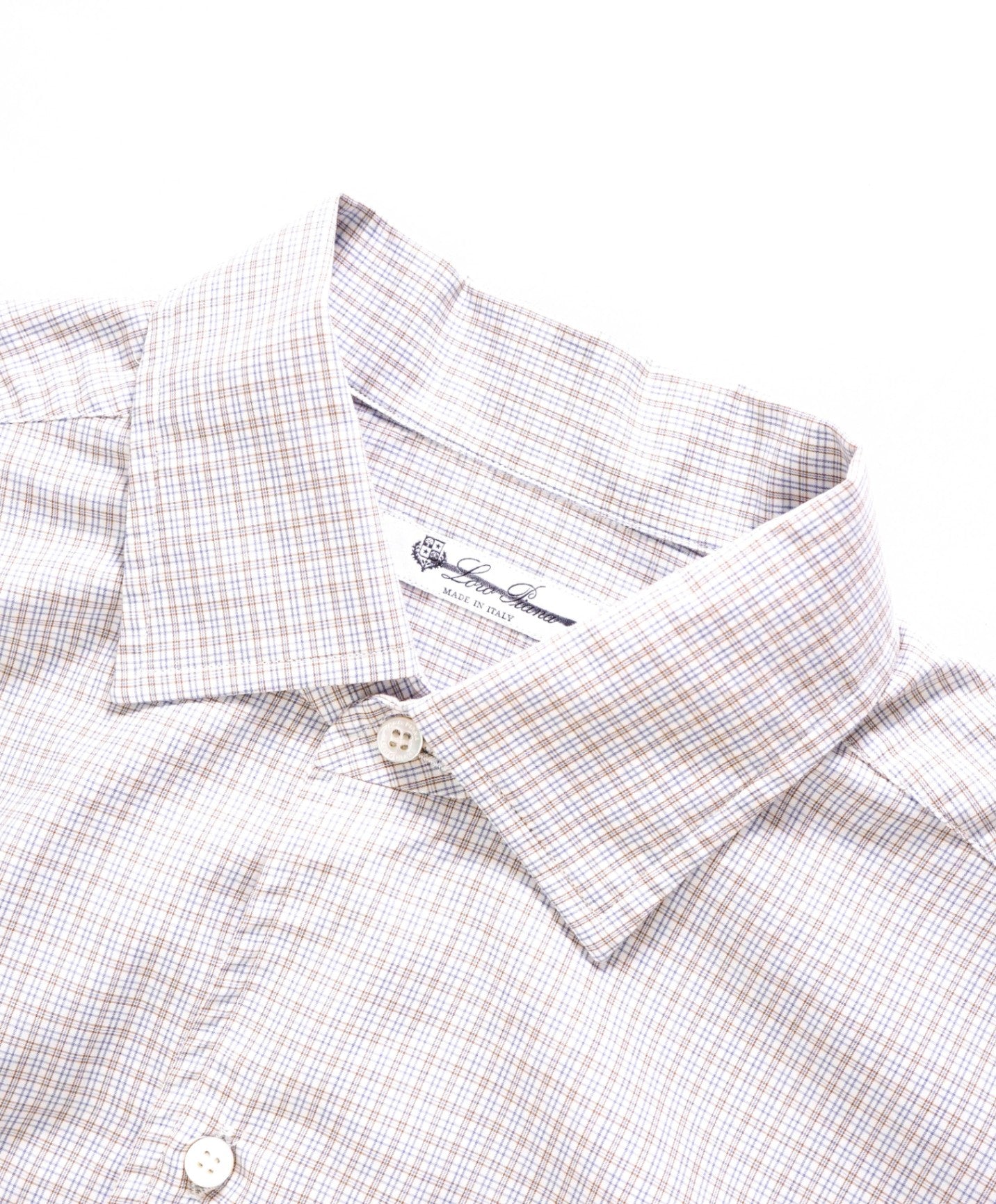 $750 Loro Piana - Brown/Blue/White Micro Plaid Cotton Shirt - M