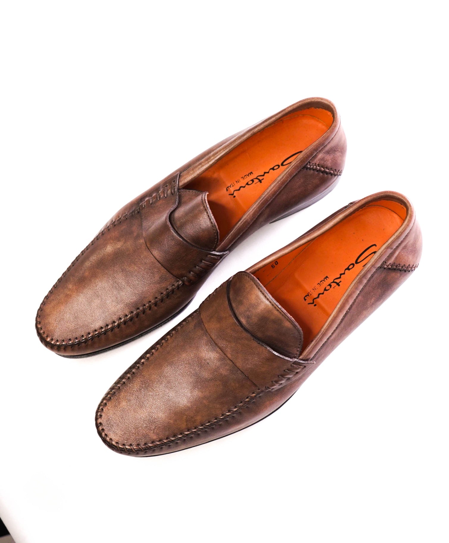 $720 Santoni - Brown Venetian Marble Patina Loafers - US 9.5D (UK8.5)