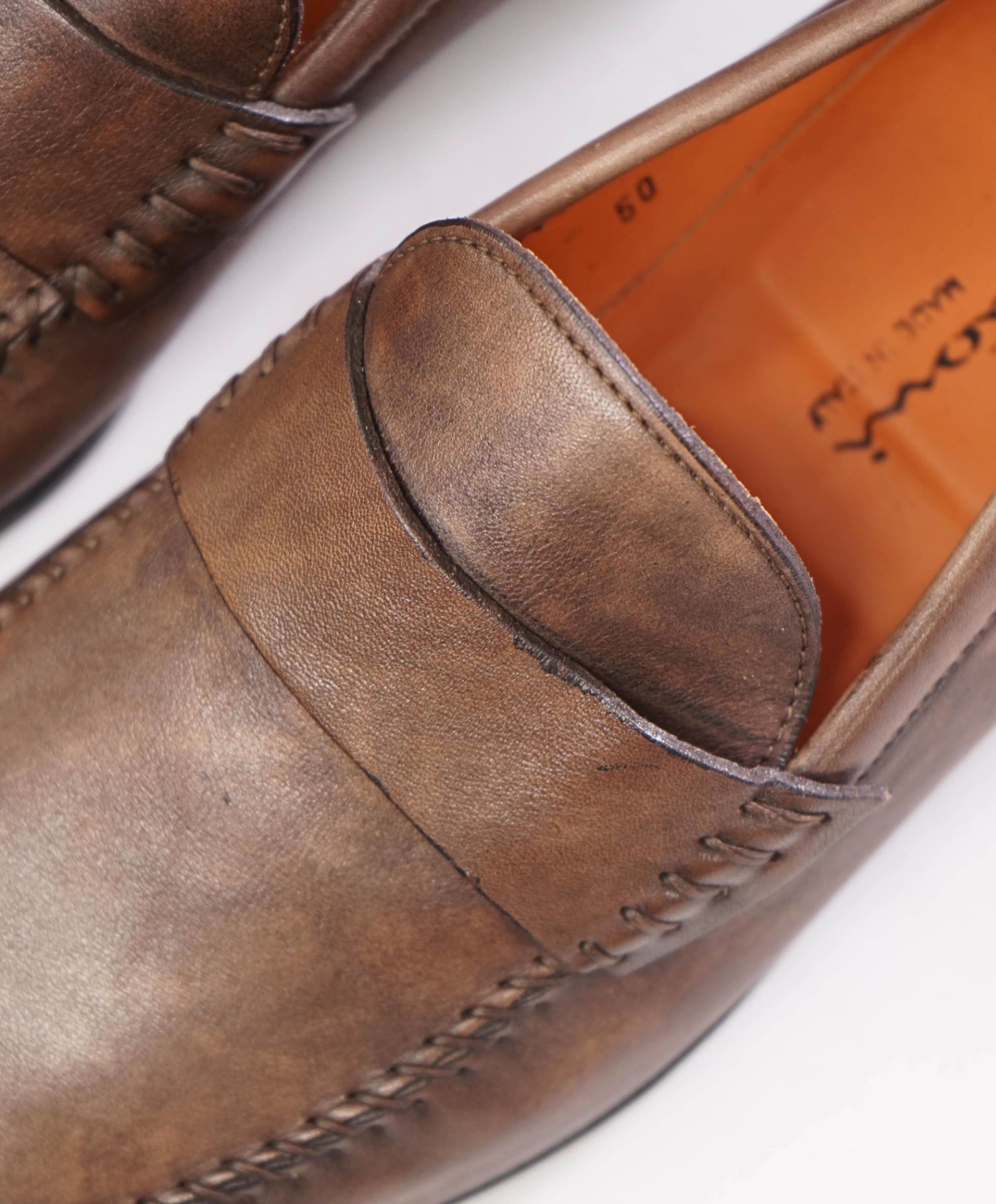 $720 Santoni - Brown Venetian Marble Patina Loafers - US 9.5D (UK8.5)