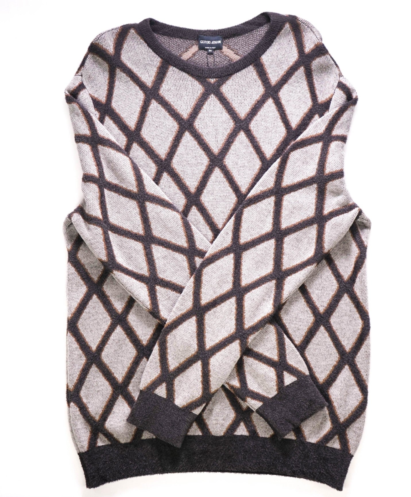 $2,095 Gray/Brown ICONIC Diamond Wool/Viscose Crew Sweater 44 XXL