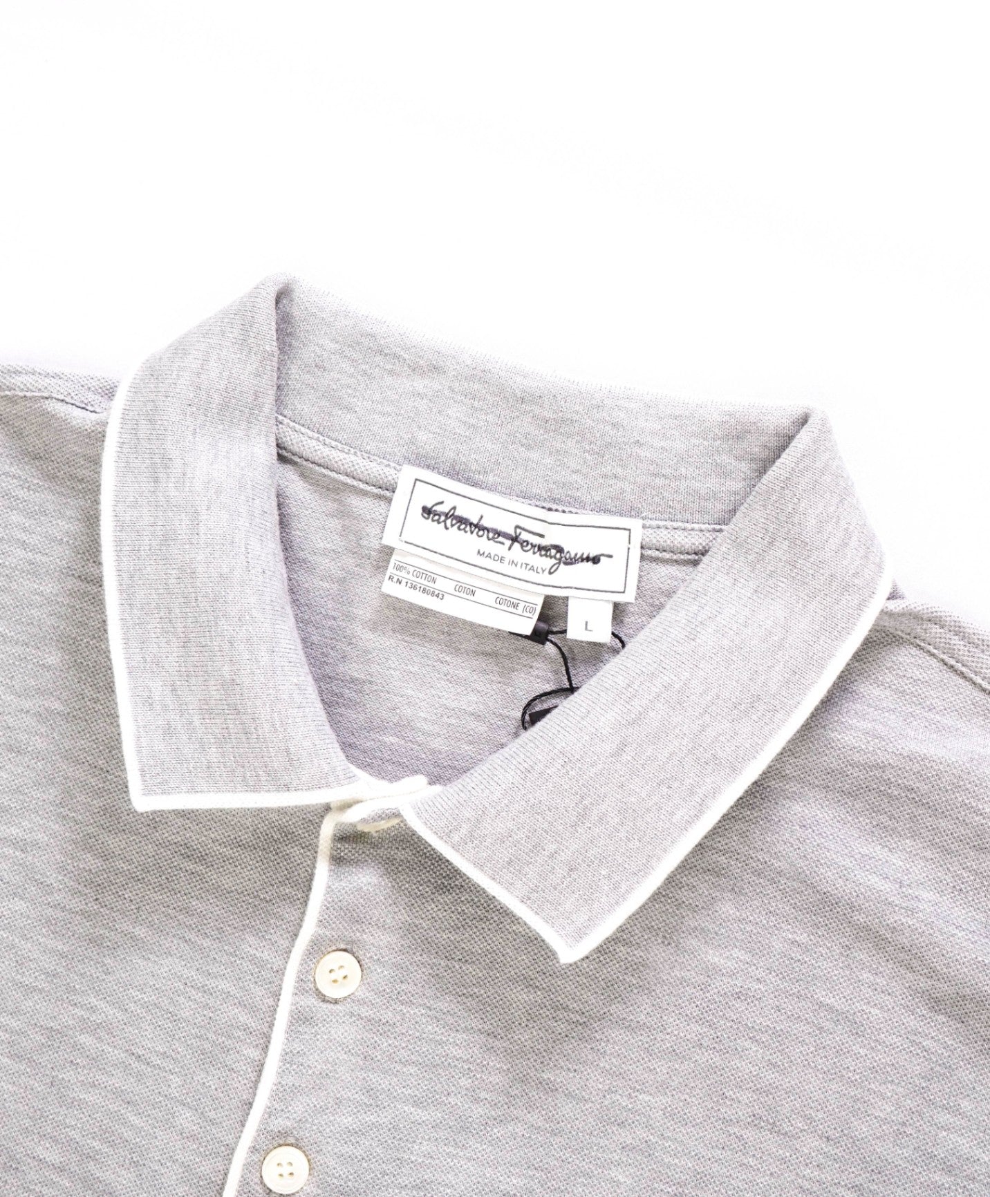 $460 FERRAGAMO - Textured Light Gray Polo Cotton Shirt - L