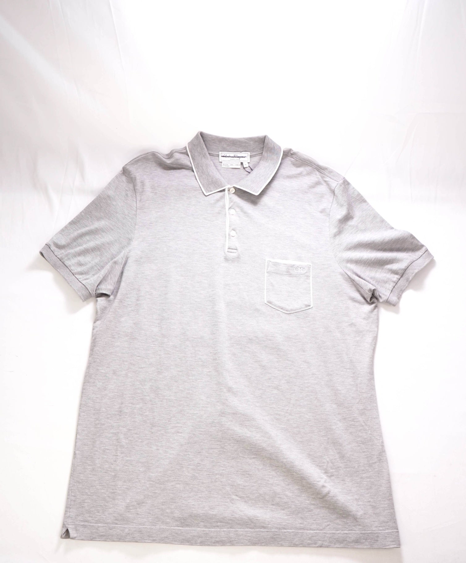 $460 FERRAGAMO - Textured Light Gray Polo Cotton Pocket Shirt - XL