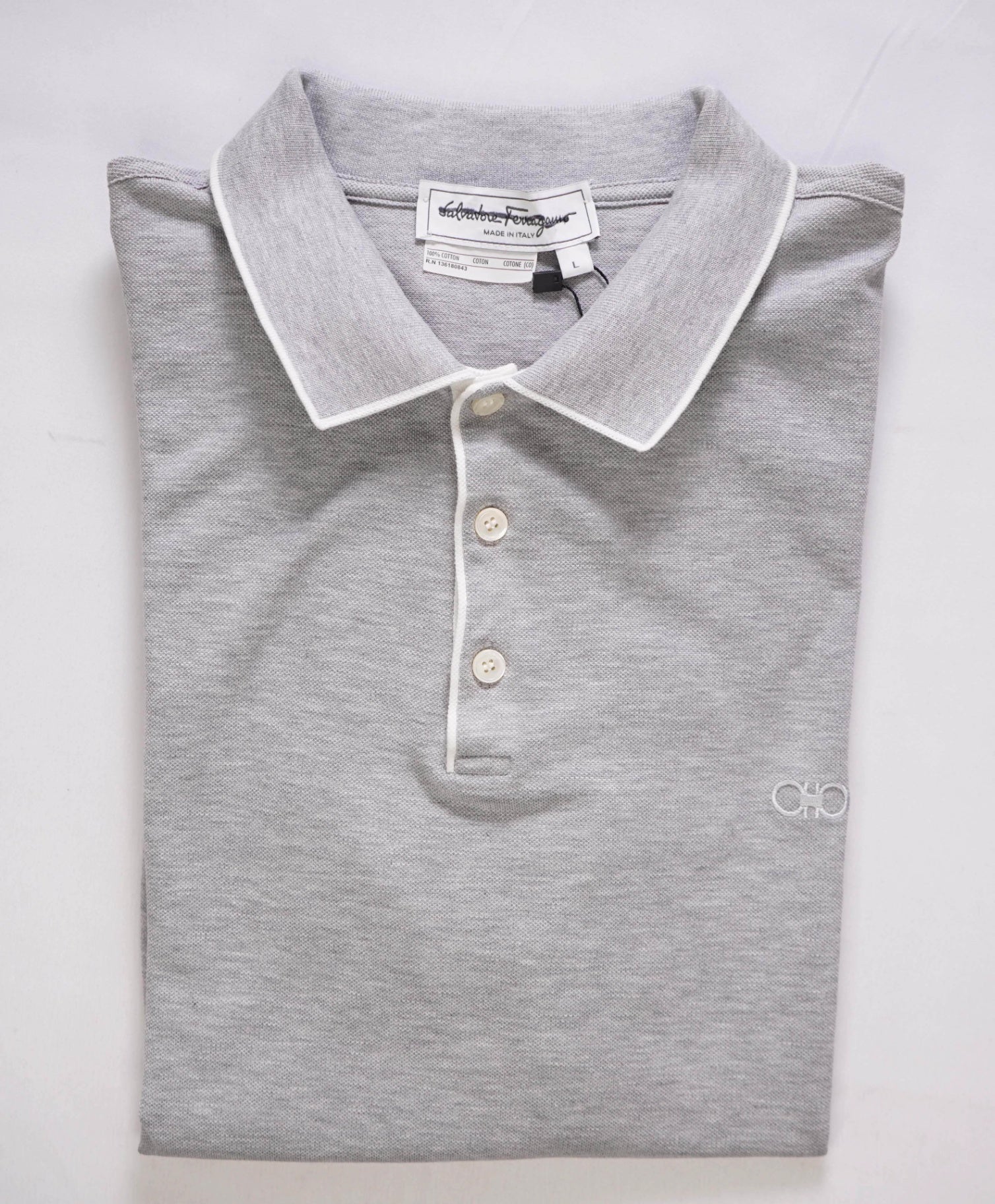 $460 FERRAGAMO - Textured Light Gray Polo Cotton Shirt - L