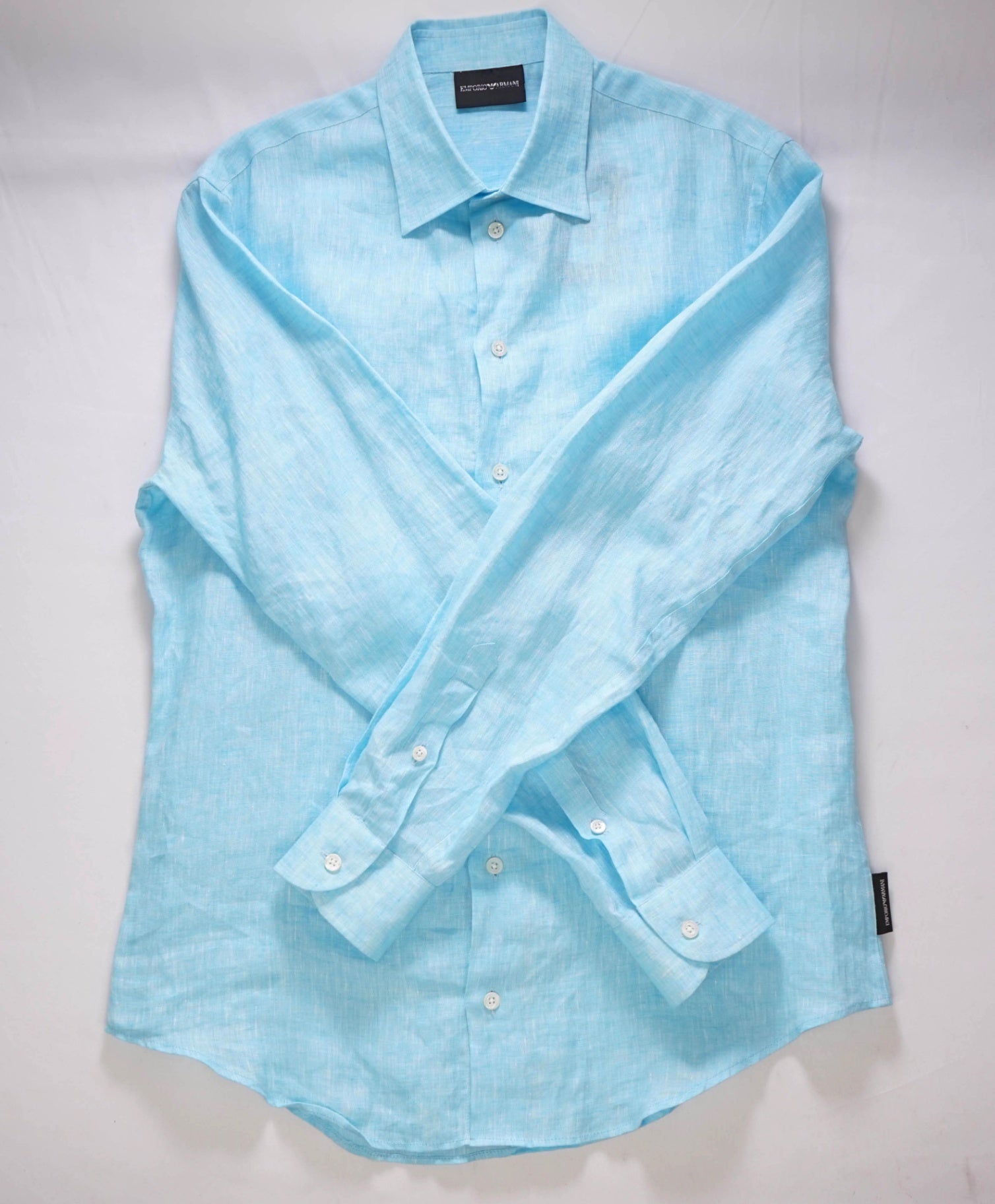$395 Emporio Armani - Light Blue Teal Linen Shirt - S