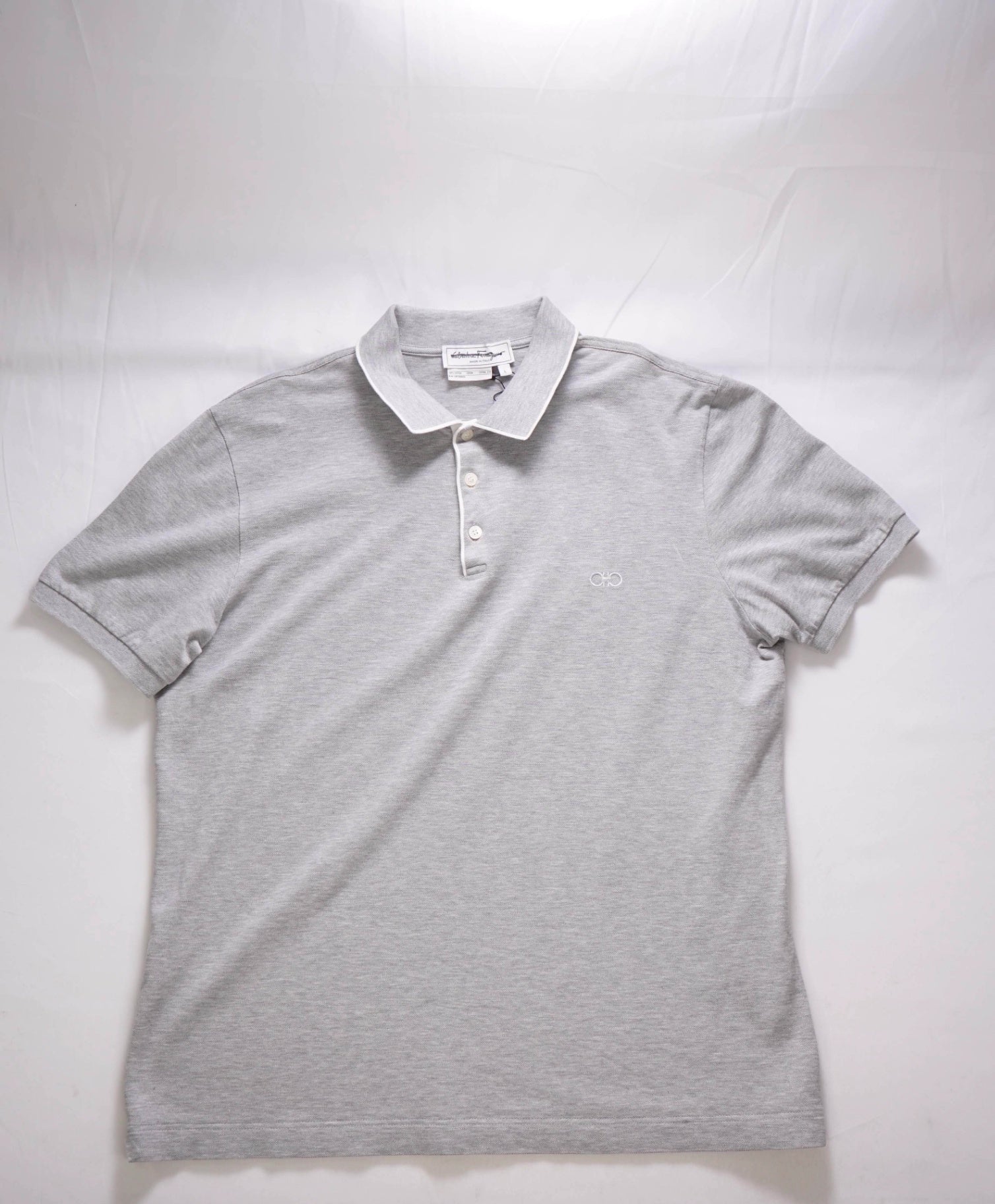 $460 FERRAGAMO - Textured Light Gray Polo Cotton Shirt - L