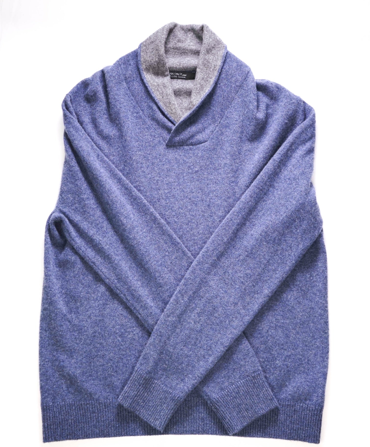 $395 SAKS FIFTH AVENUE Blue/Gray Cashmere Shawl Collar Sweater L