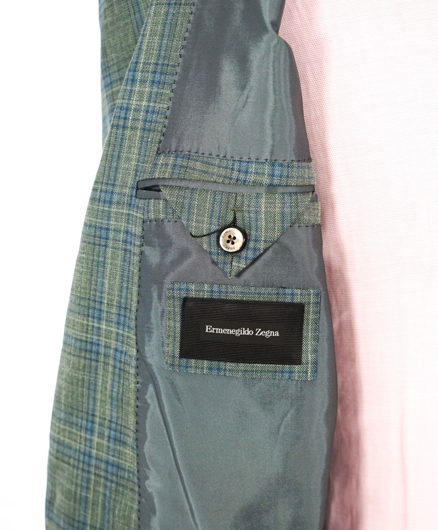 $2,395 ZEGNA - Green/Blue Plaid Wool/Silk/Linen Blazer - 42R