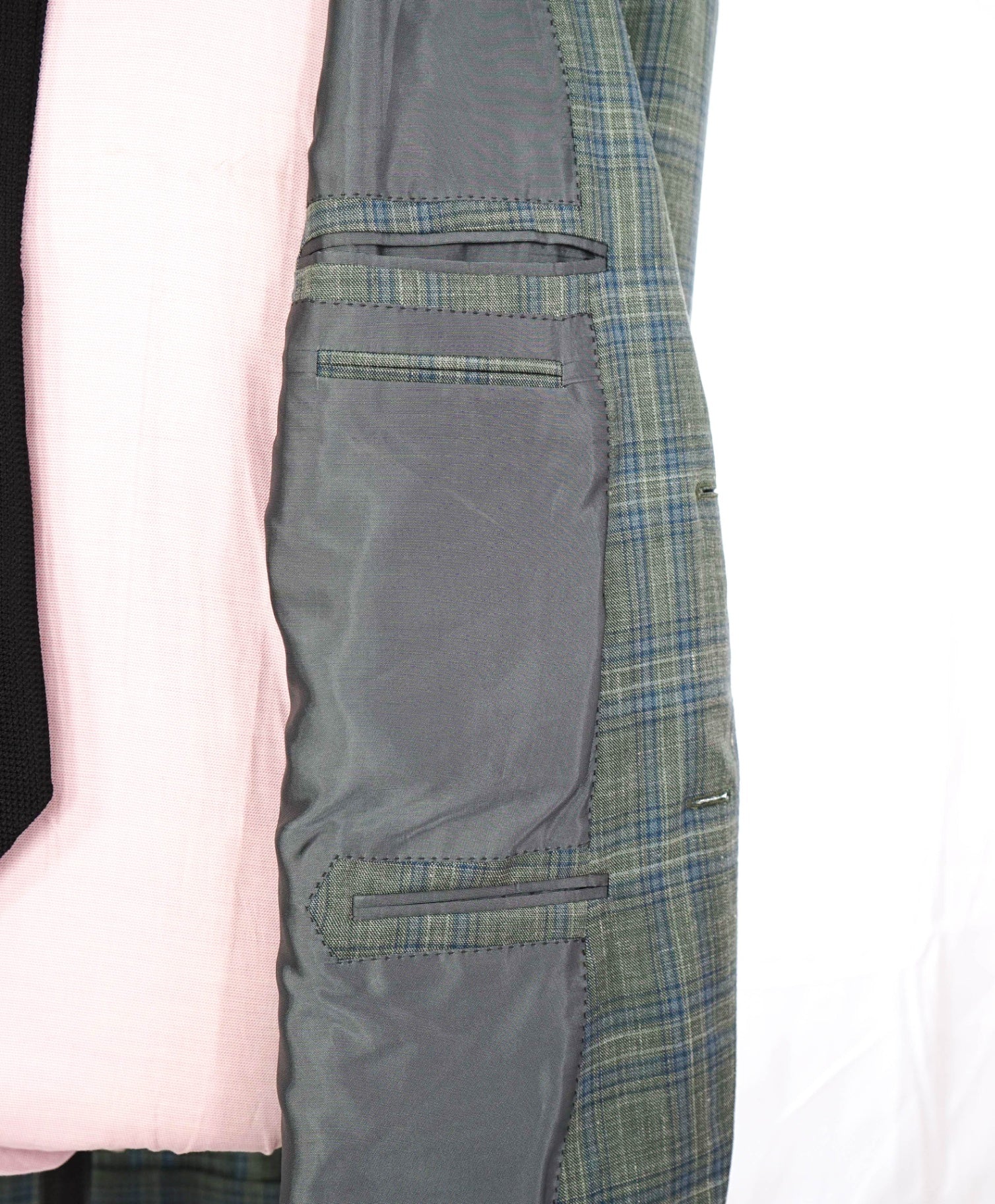 $2,395 ZEGNA - Green/Blue Plaid Wool/Silk/Linen Blazer - 42R