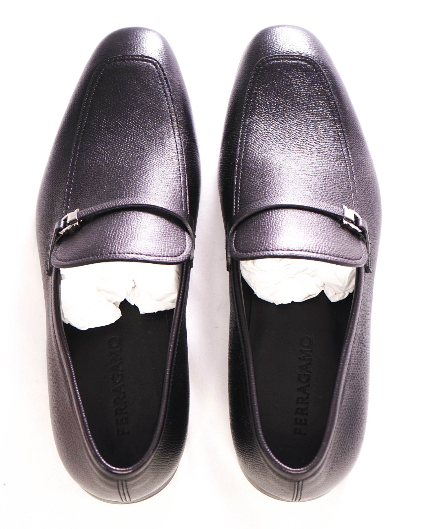 $950 FERRAGAMO - Black Pebbled "CHARME" Loafers Leather - 8.5 3E