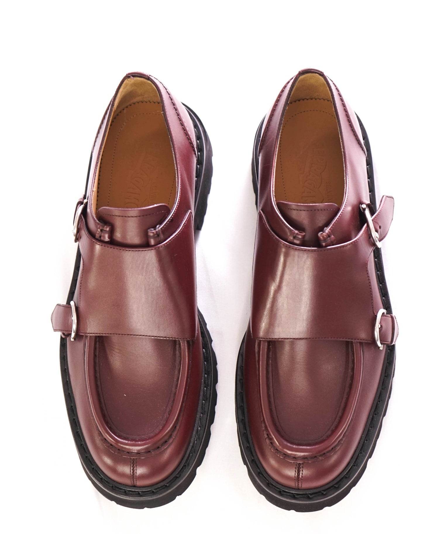 $1,150 SALVATORE FERRAGAMO - Plum Lug Sole Monk Straps - 12 M