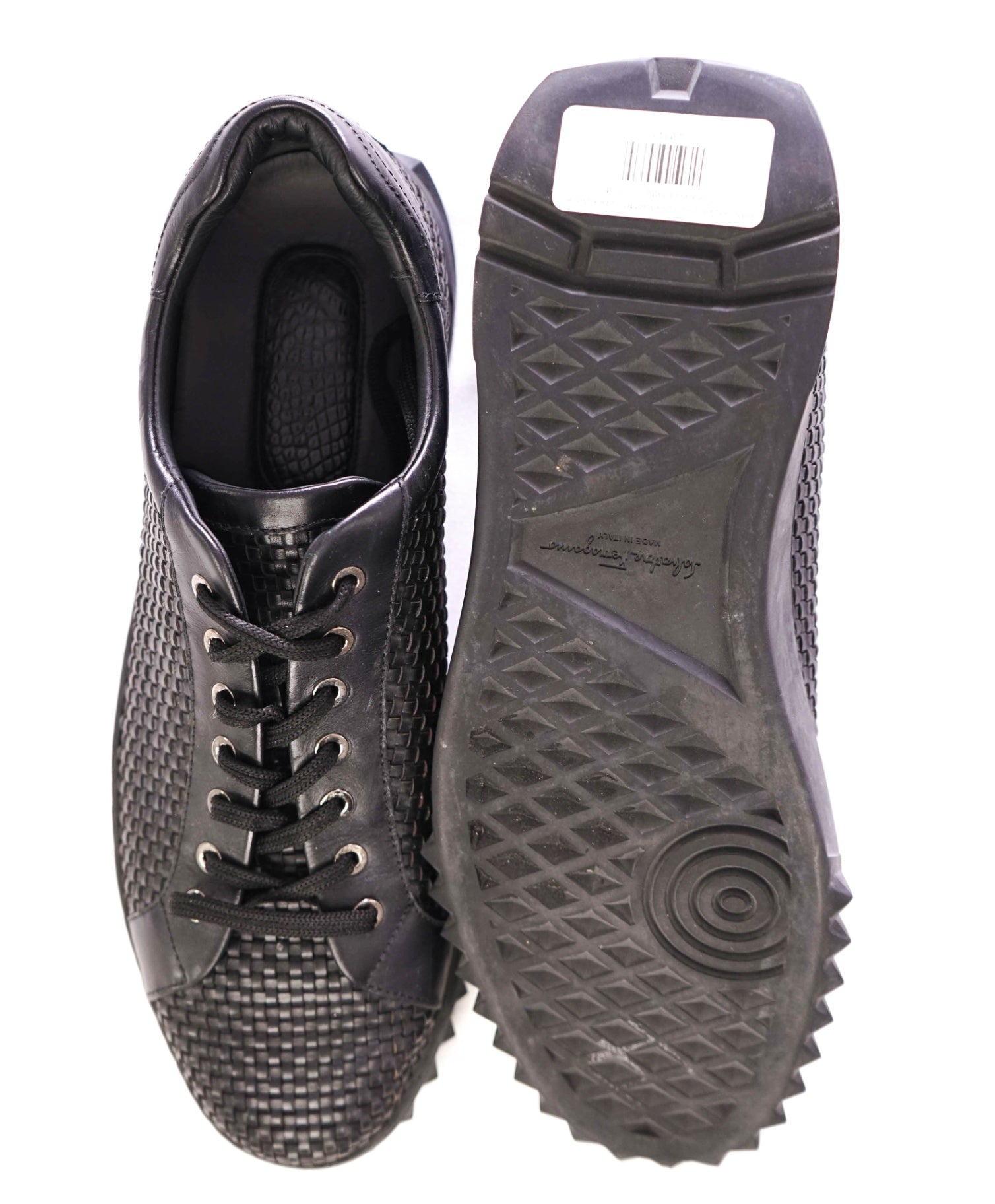 $800 SALVATORE FERRAGAMO - Black Woven Sneakers Leather - 11.5 M