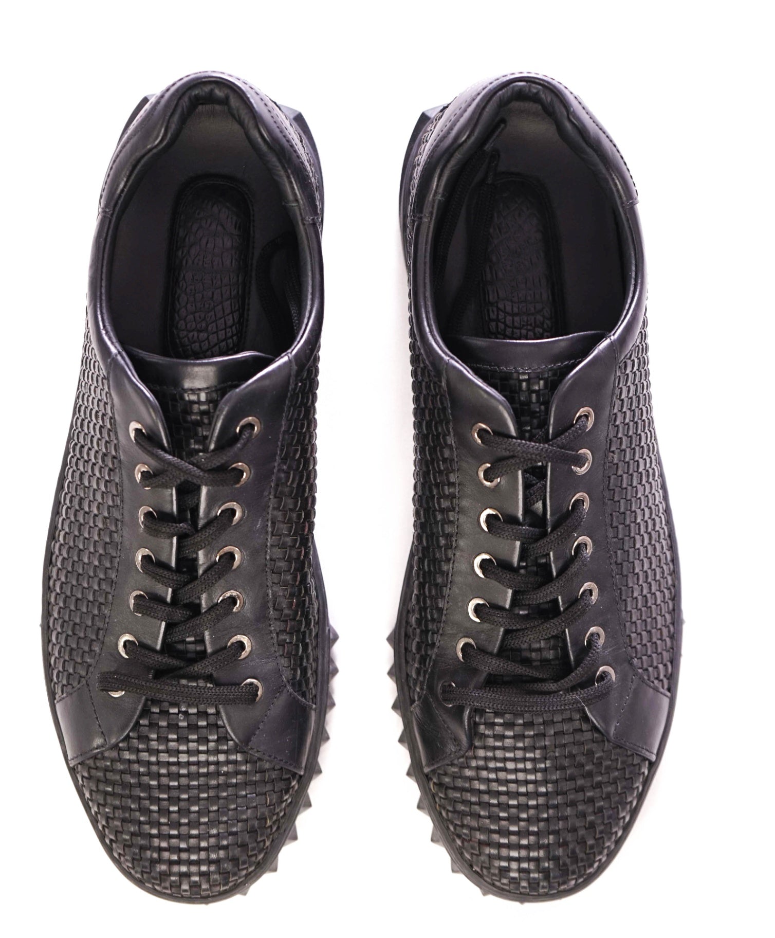 $800 SALVATORE FERRAGAMO - Black Woven Sneakers Leather - 11.5 M