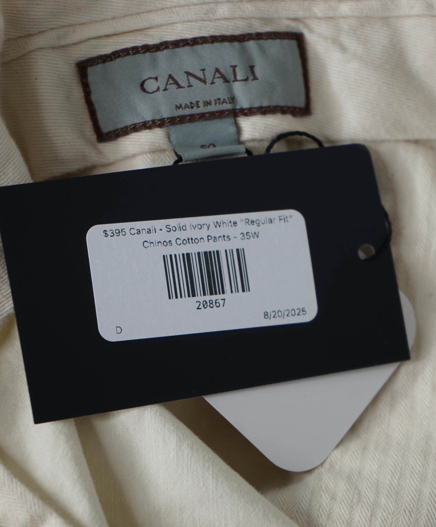 $395 Canali - Solid Ivory White "Regular Fit" Chinos Cotton Pants - 34W