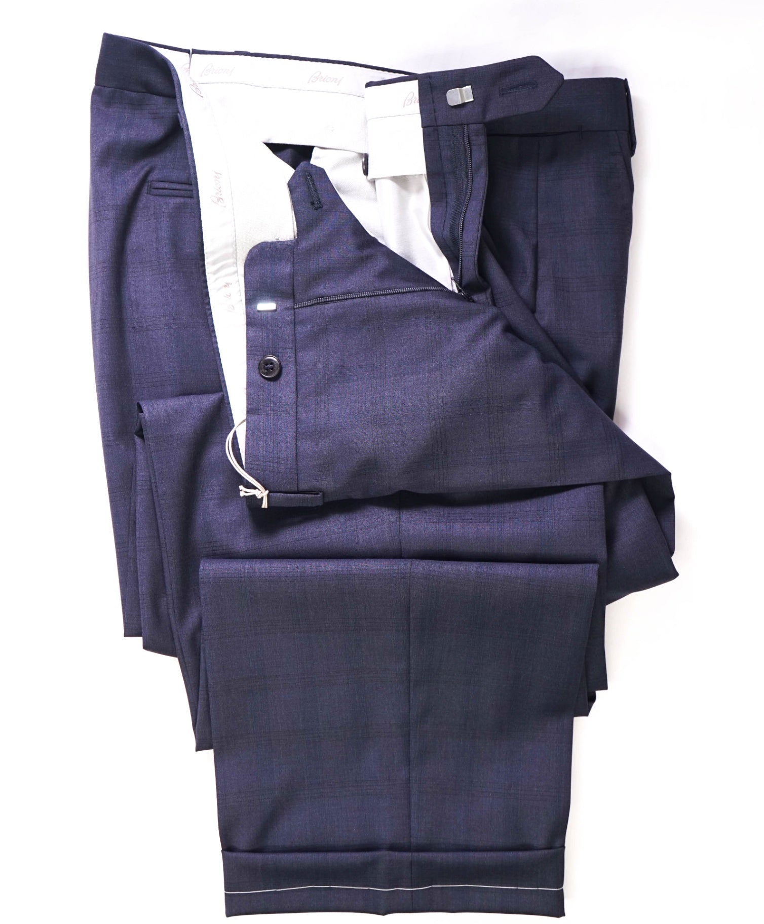 $1,095 BRIONI Navy Plaid Wool Dress Pants 42W