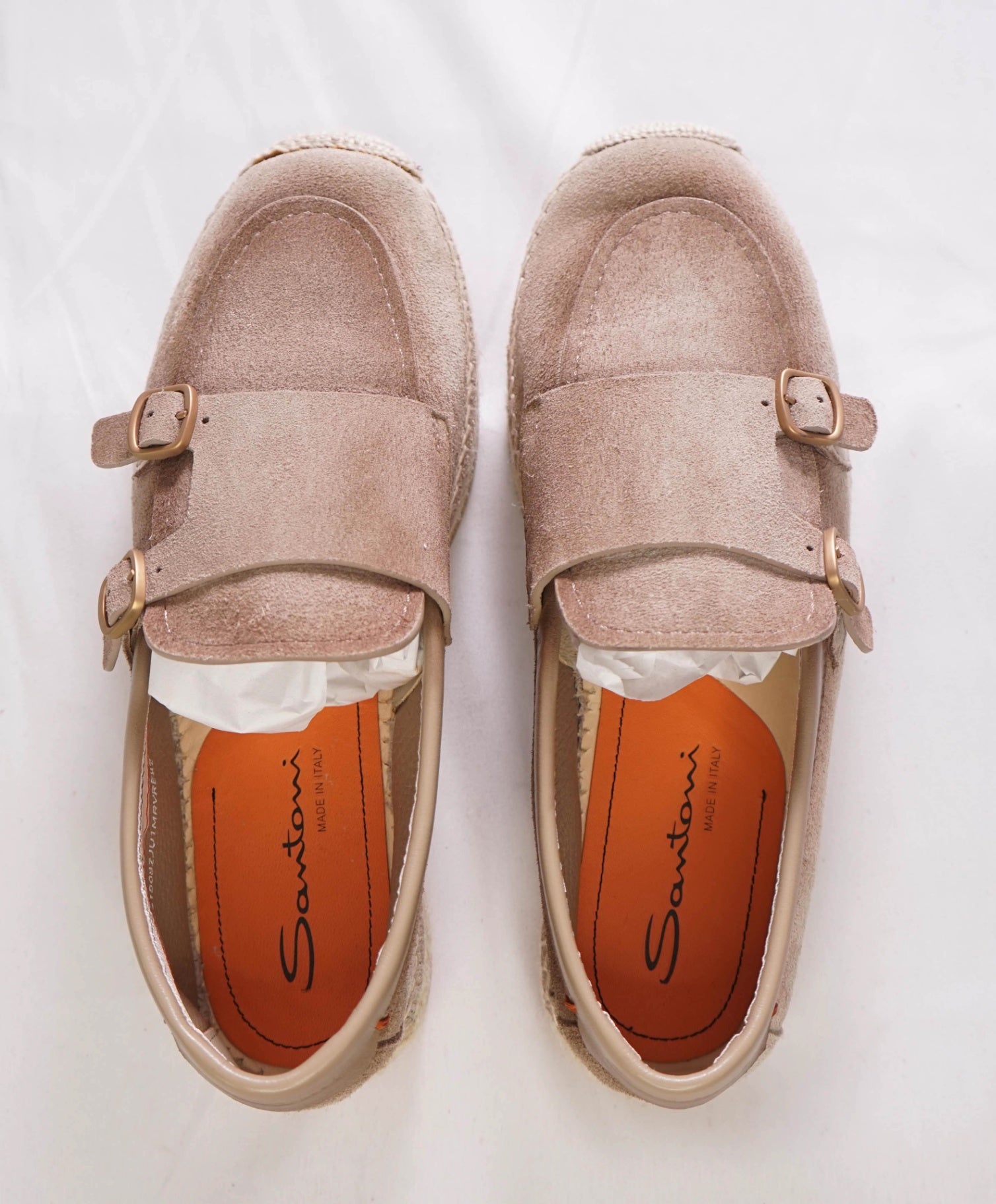 $890 SANTONI - Suede Beige "Espadrillas" Monk - US 8.5 (7.5UK)