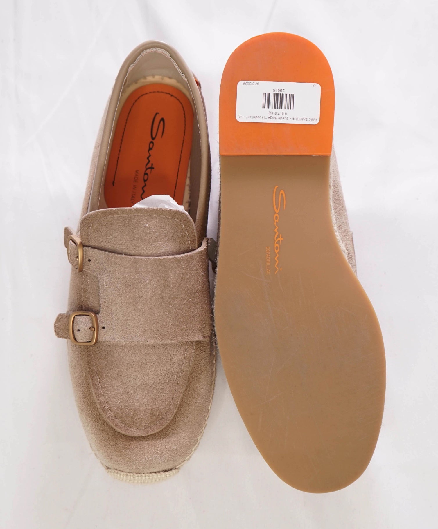 $890 SANTONI - Suede Beige "Espadrillas" Monk - US 8.5 (7.5UK)