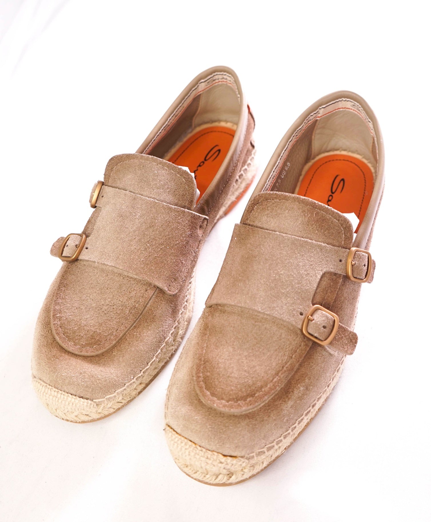 $890 SANTONI - Suede Beige "Espadrillas" Monk - US 8.5 (7.5UK)