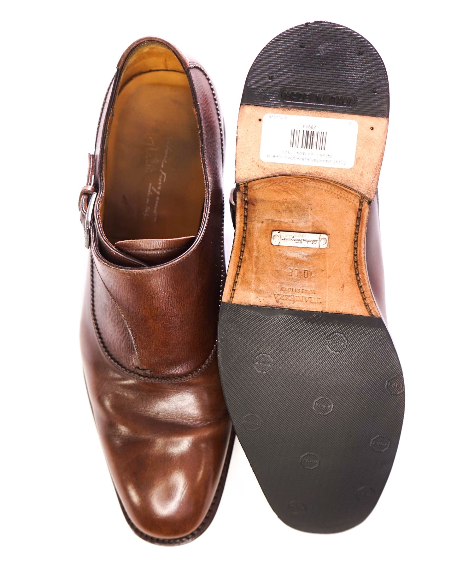 $1,295 SALVATORE FERRAGAMO - Leather Brown Single Monk - 10 EE