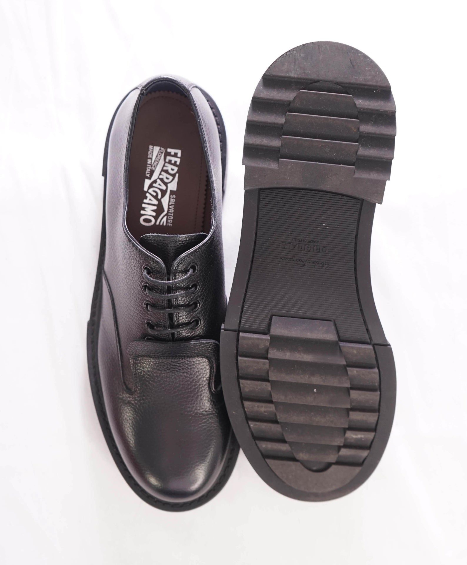 $1,150 FERRAGAMO - Lug Sole Black Leatehr Derbys - 11.5 D