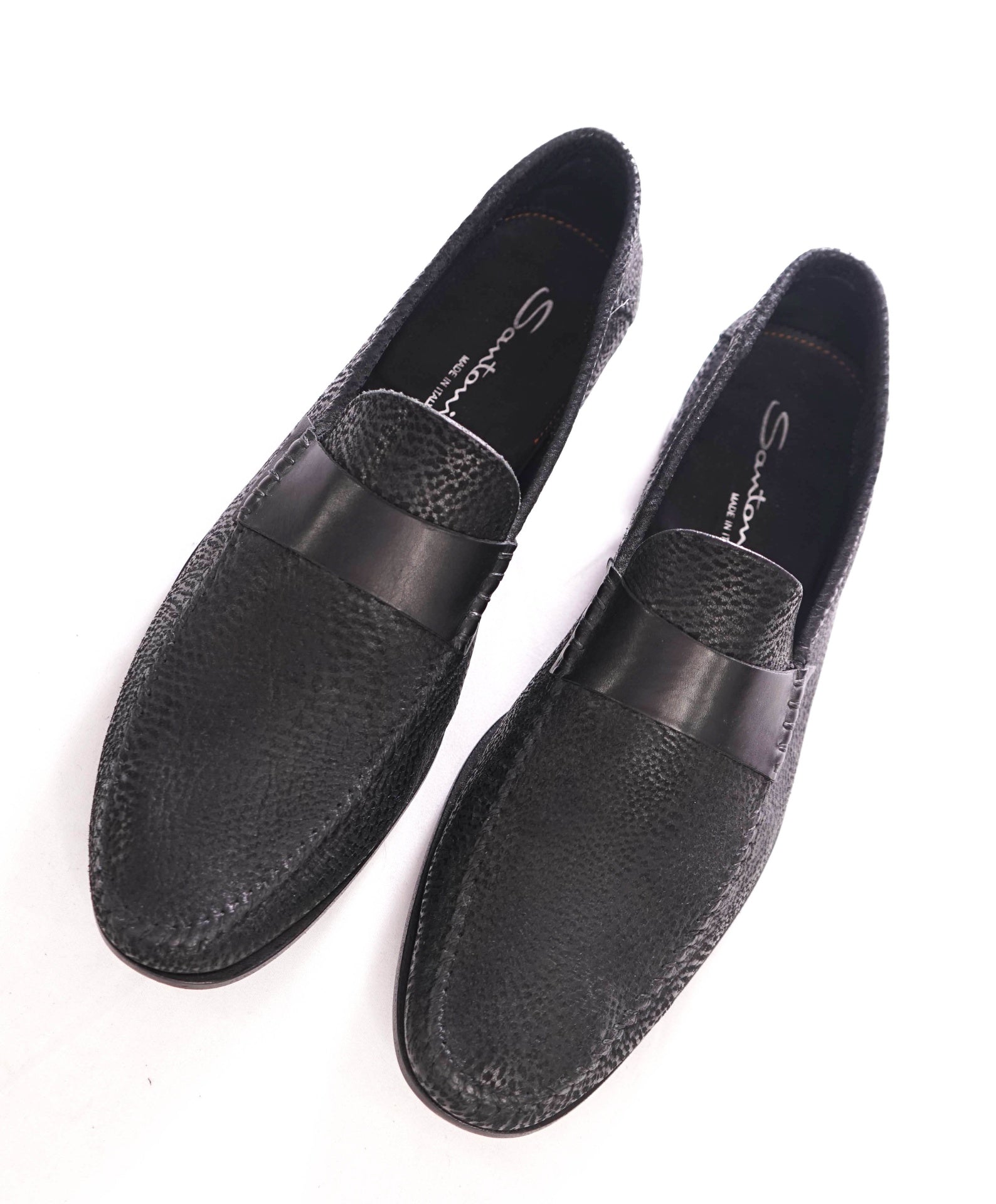 $720 SANTONI - Leather Black Textured Venetian Loafers - US 13 (12UK)