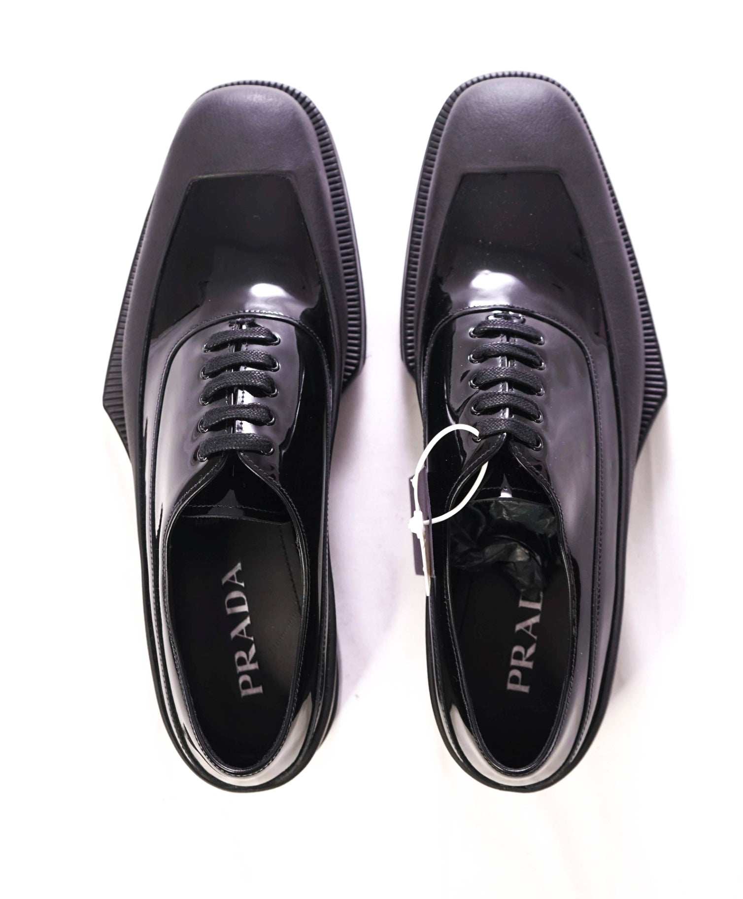 $1,320 PRADA - Black Leather Mixed-Media Lug Sole Oxfords - US 9 (UK8)