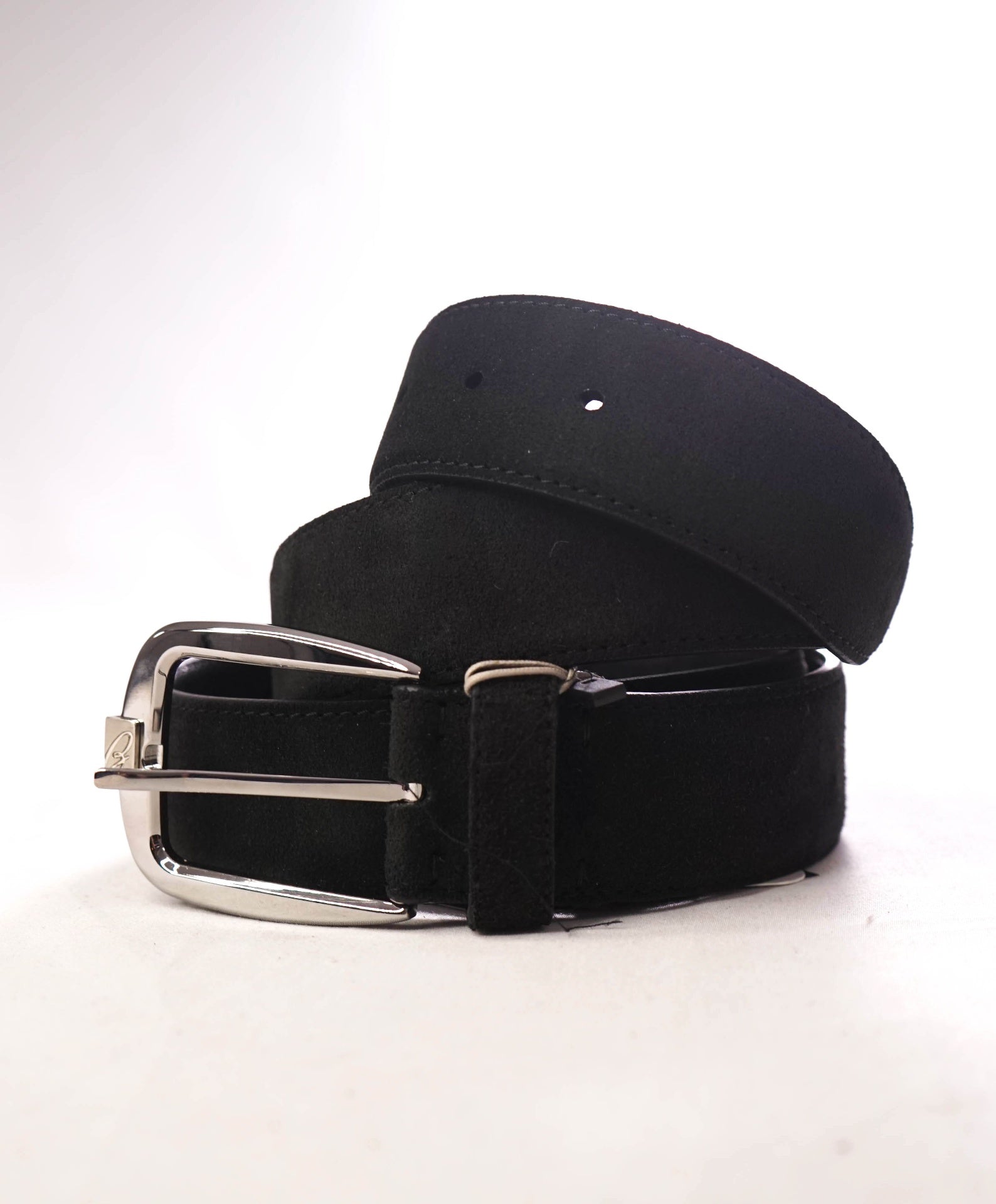 $850 BRIONI - Black Suede Belt Solid Brass Buckle - 42W