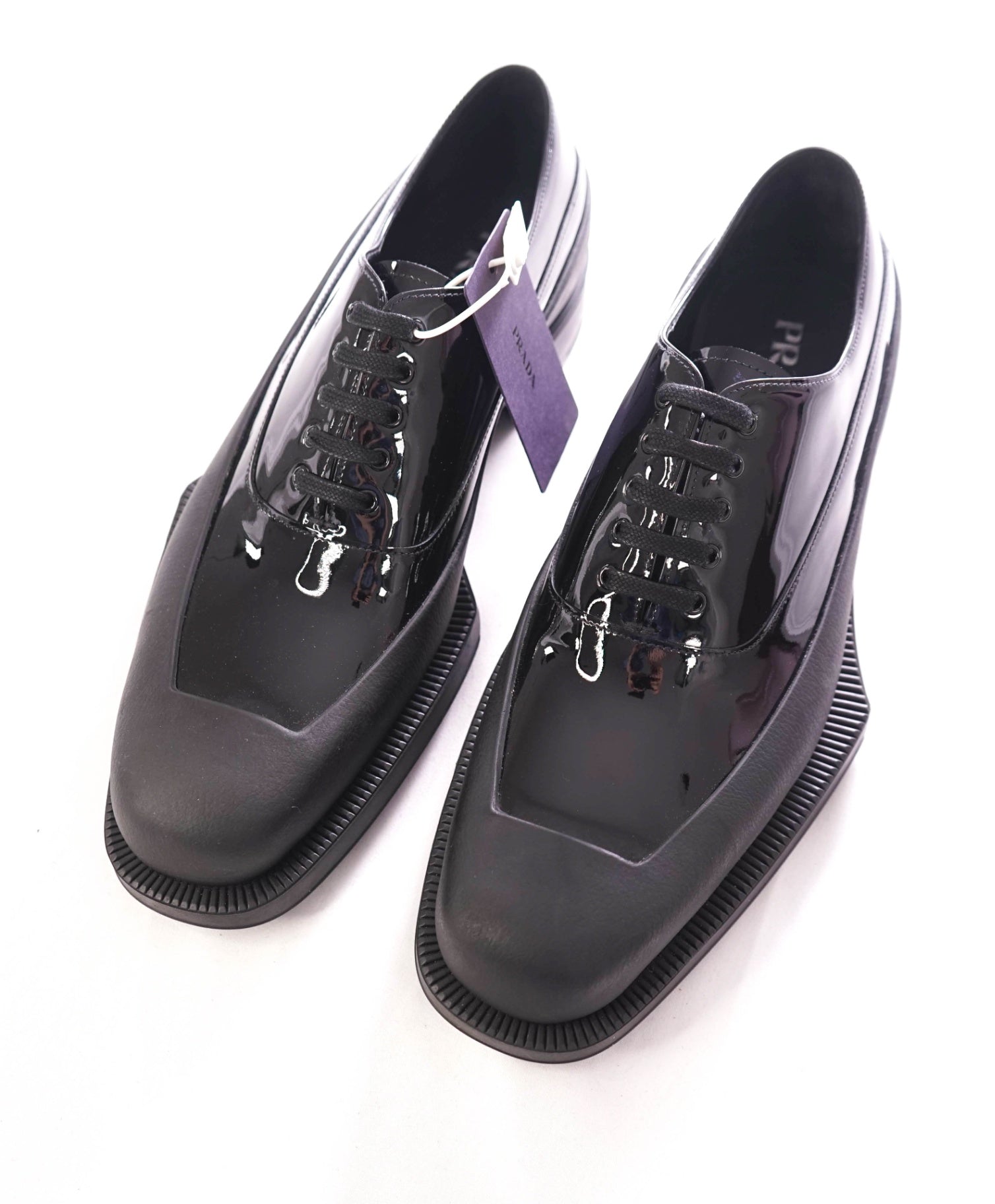 $1,320 PRADA - Black Leather Mixed-Media Lug Sole Oxfords - US 9 (UK8)