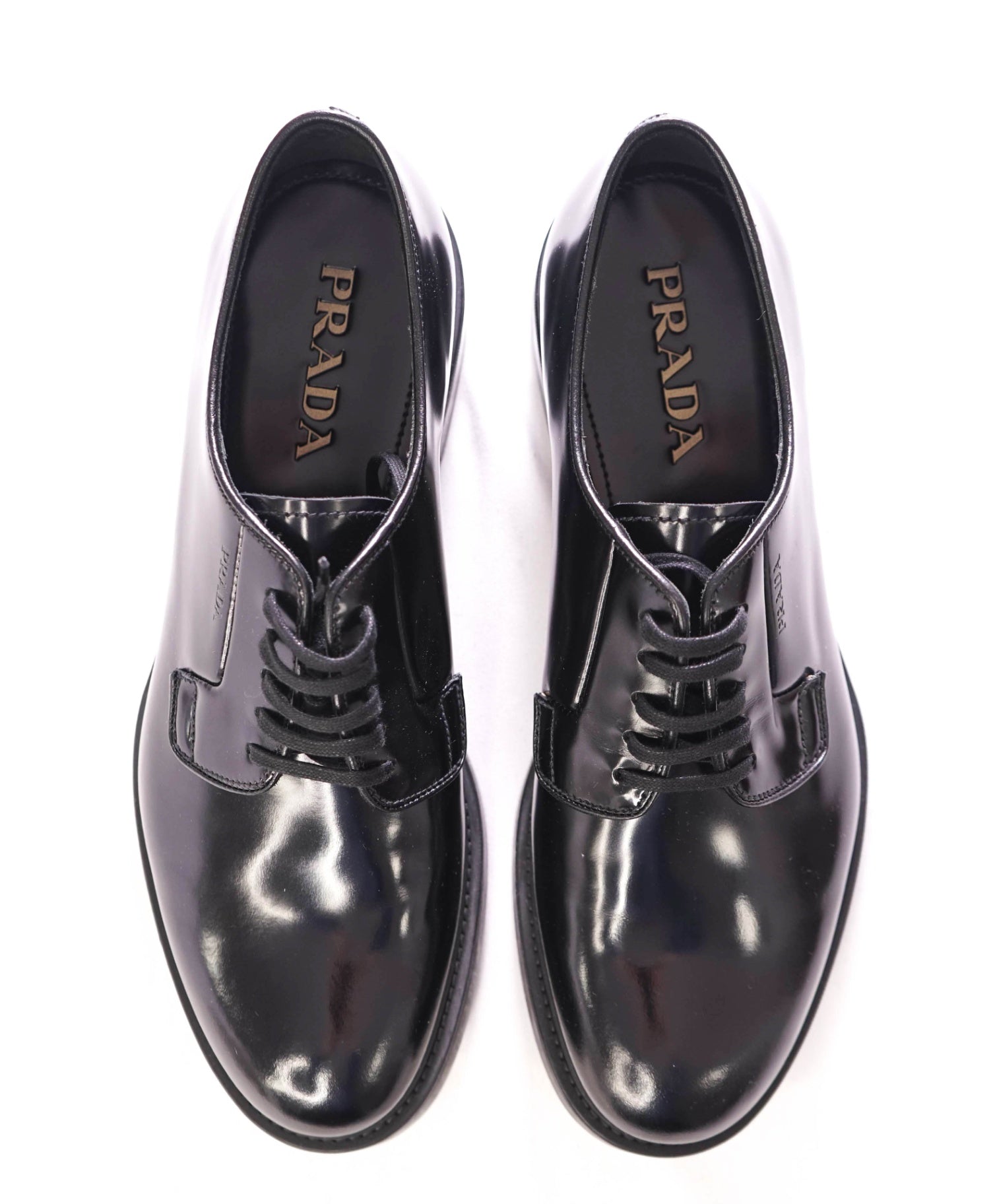 $1,150 PRADA - Black Brushed Polished Leather Derby Lace-Ups - 9 US (8 Prada)