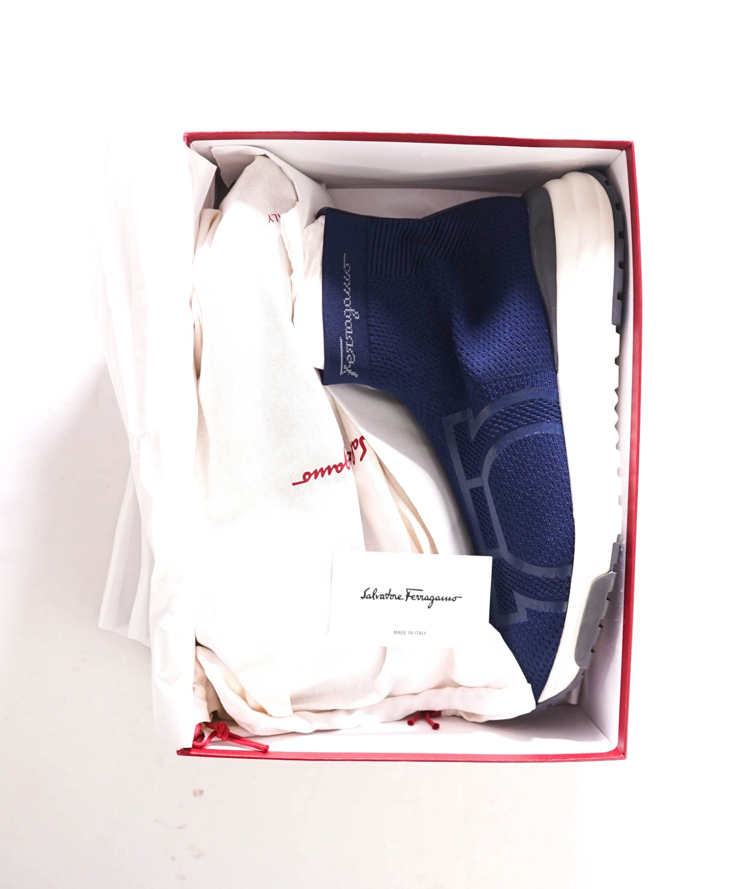 $750 FERRAGAMO - Fabric Navy Blue "SOFT" Knit Sneakers - 11.5