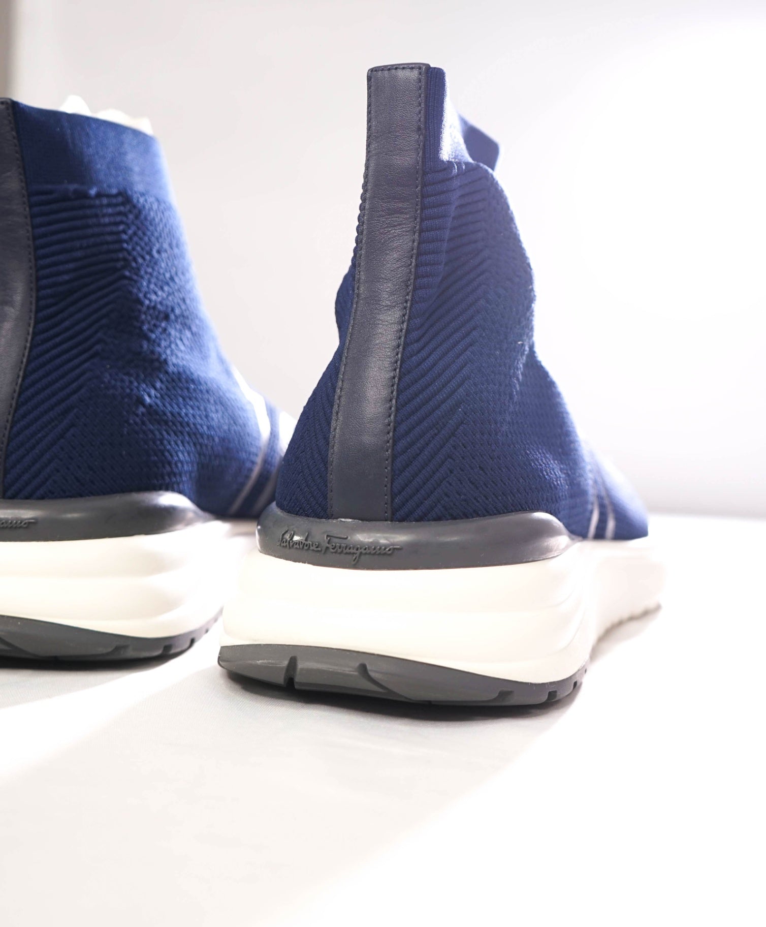 $750 FERRAGAMO - Fabric Navy Blue "SOFT" Knit Sneakers - 11.5