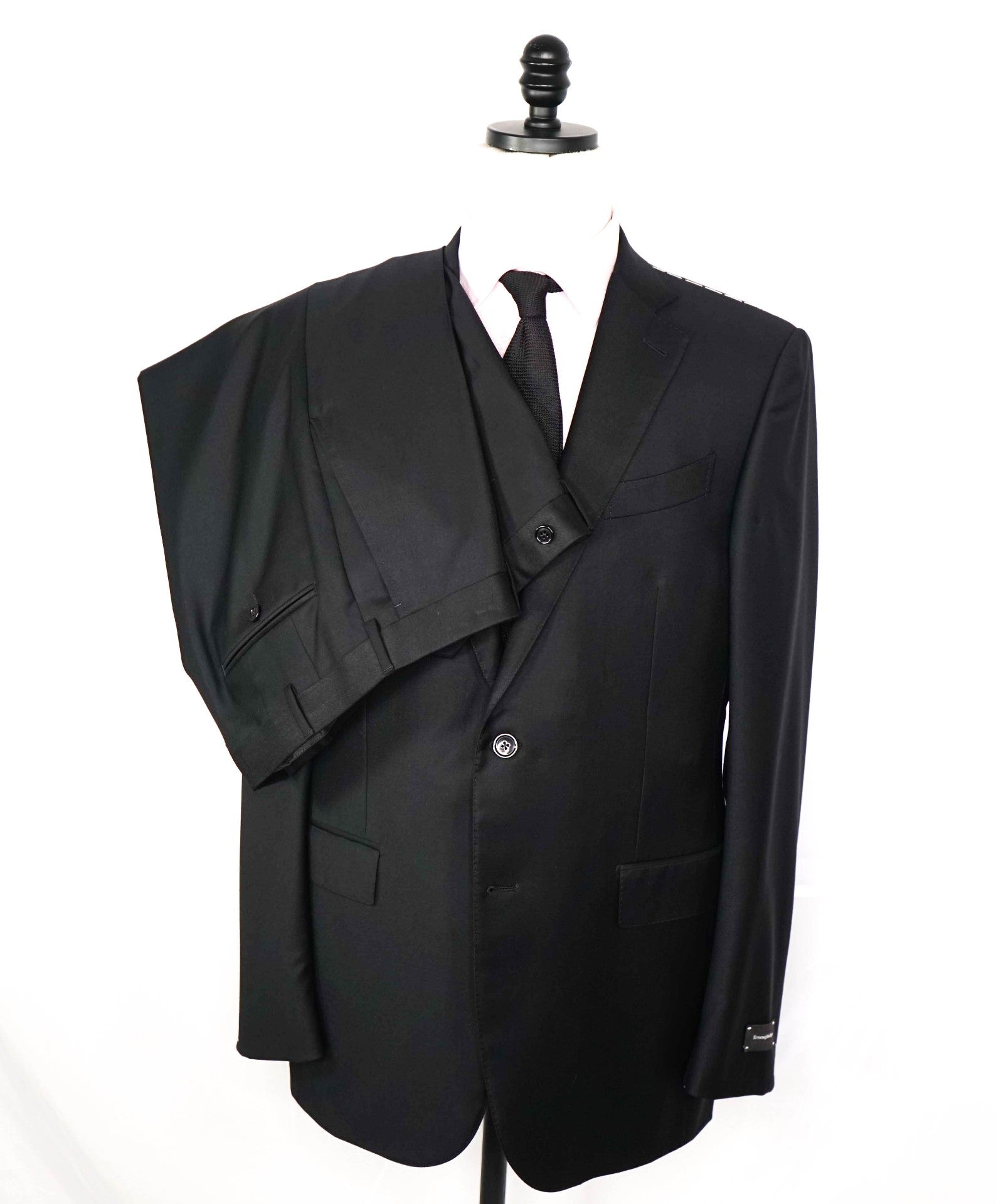 $4,590 ERMENEGILDO ZEGNA - Solid Black "TROFEO" Wool Suit - 42L