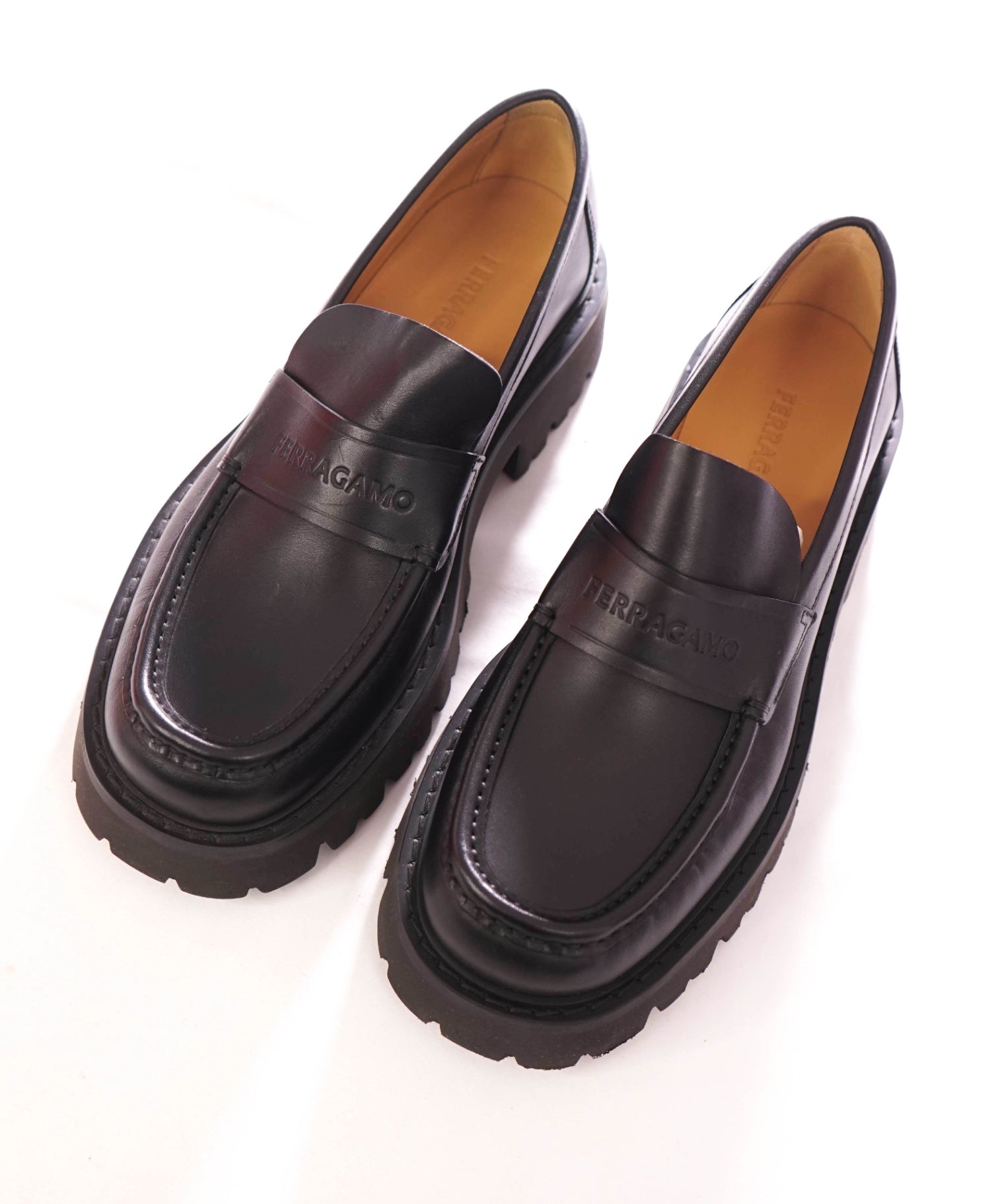 $995 FERRAGAMO - Leather Black "FERGAL" Lug Sole Loafers - 10.5 EE
