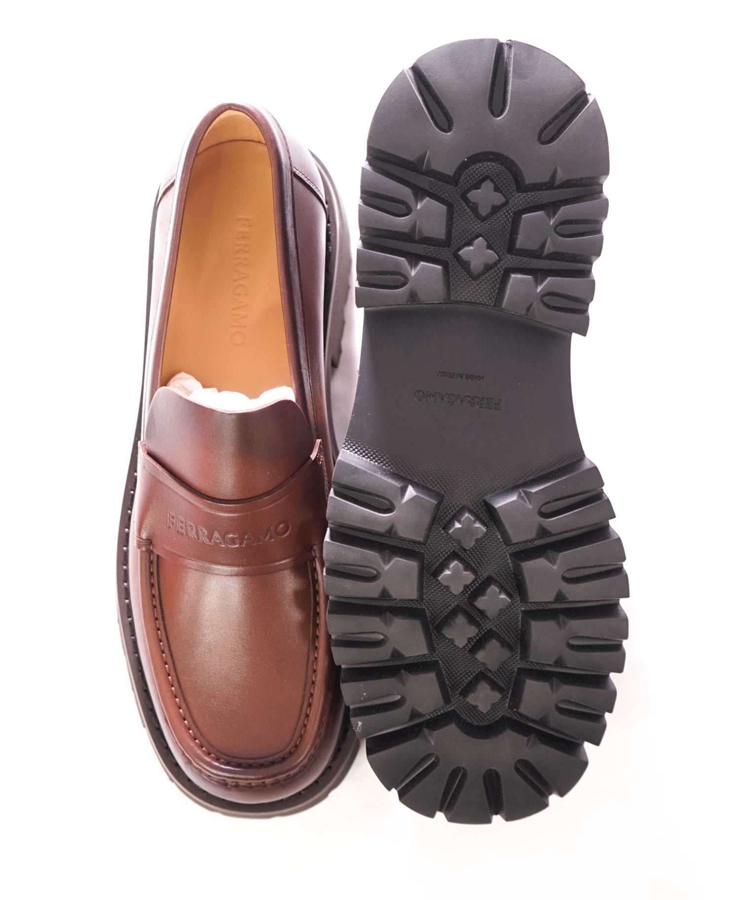 $995 FERRAGAMO - Chocolate Brown "FERGAL" Lug Sole Loafers - 11.5 EE