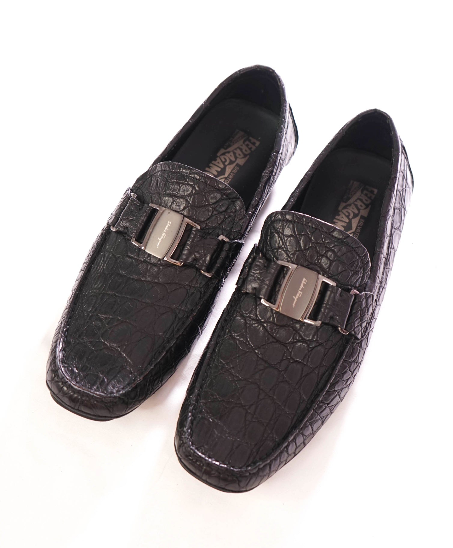 $2,200 FERRAGAMO - "Crocodile Skin" Black Sardegna Loafers - 11 D