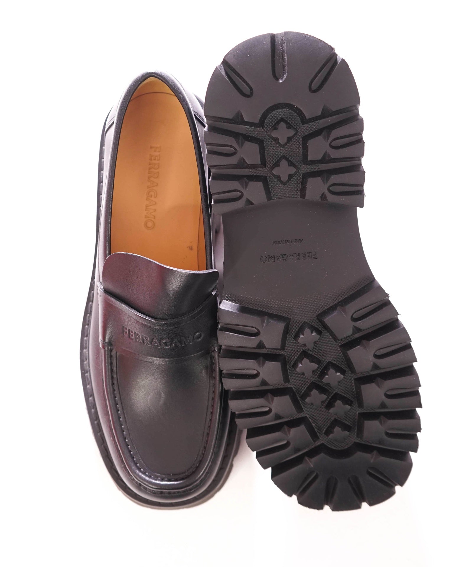 $995 FERRAGAMO - Leather Black "FERGAL" Lug Sole Loafers - 9.5 EE