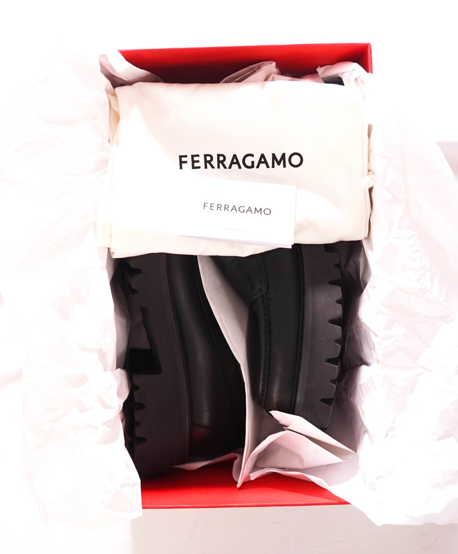 $995 FERRAGAMO - Leather Black "FERGAL" Lug Sole Loafers - 11 EE