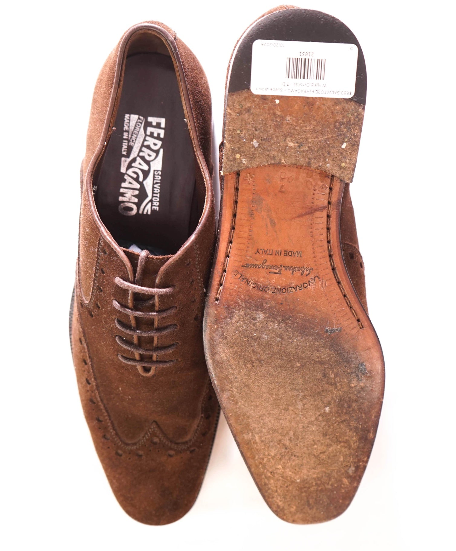 $880 SALVATORE FERRAGAMO - Suede Brown Wingtip Oxfords - 7 D