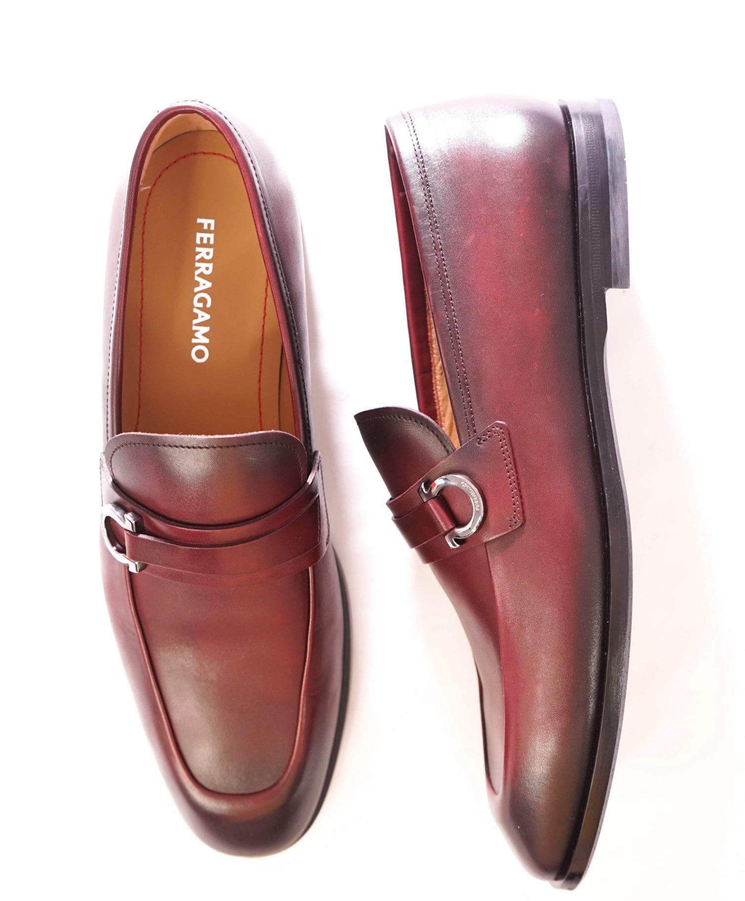 $995 FERRAGAMO - Leather Burgundy "FLORIO" Loafers - 10.5 EE