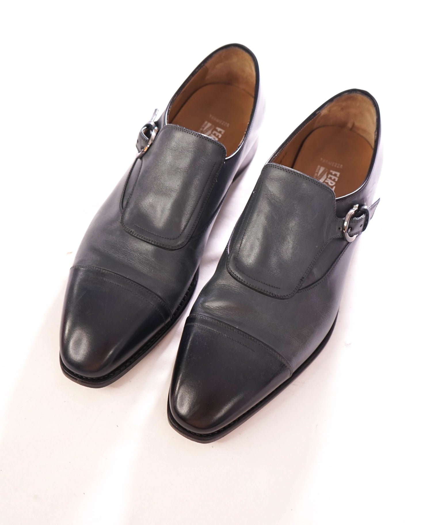 $1,595 FERRAGAMO - "TRAMEZZA" Leather Blue Single Monk - 9.5 D